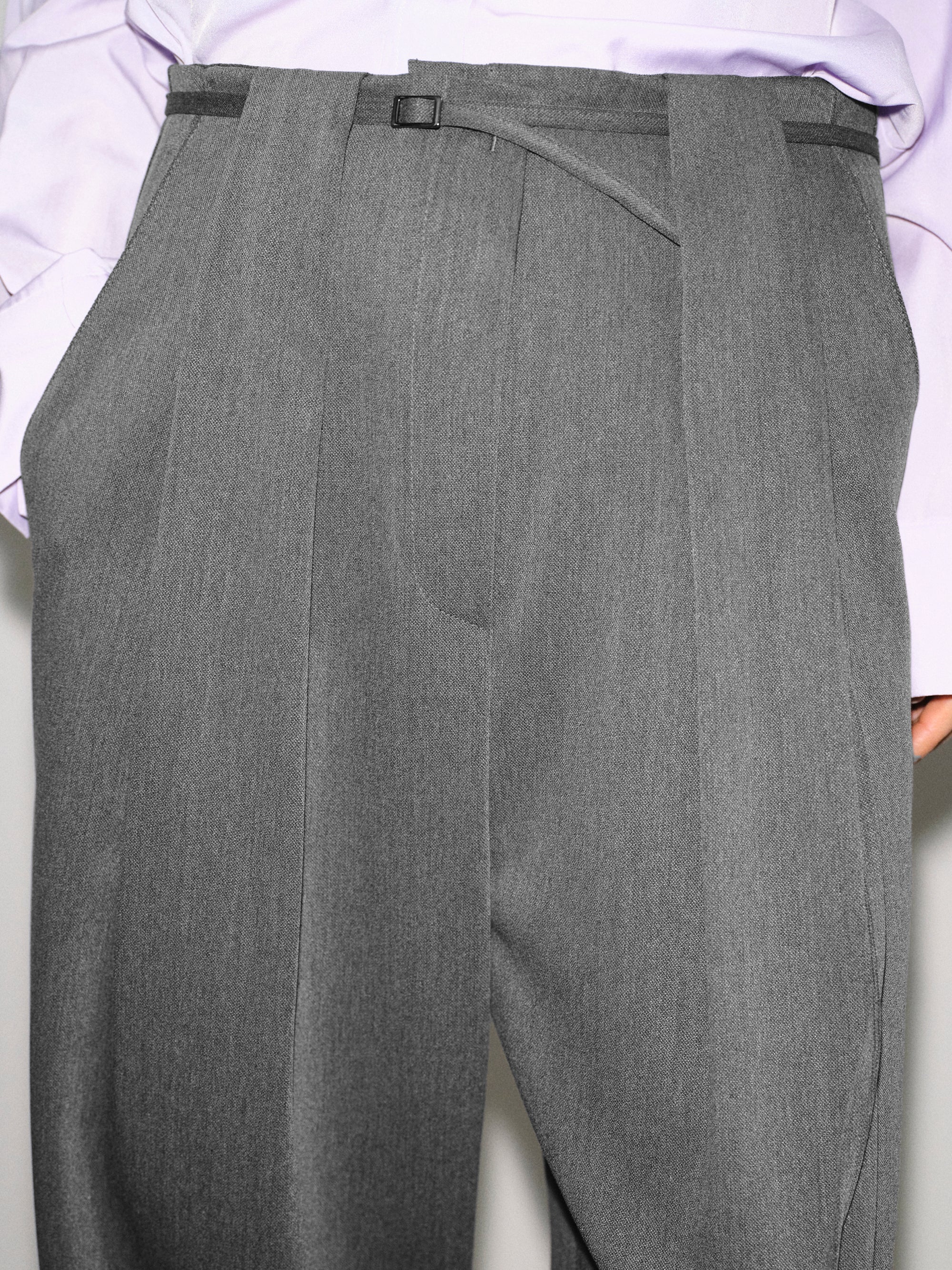 Belted Front-Tuck Trousers, Grey - Image 3