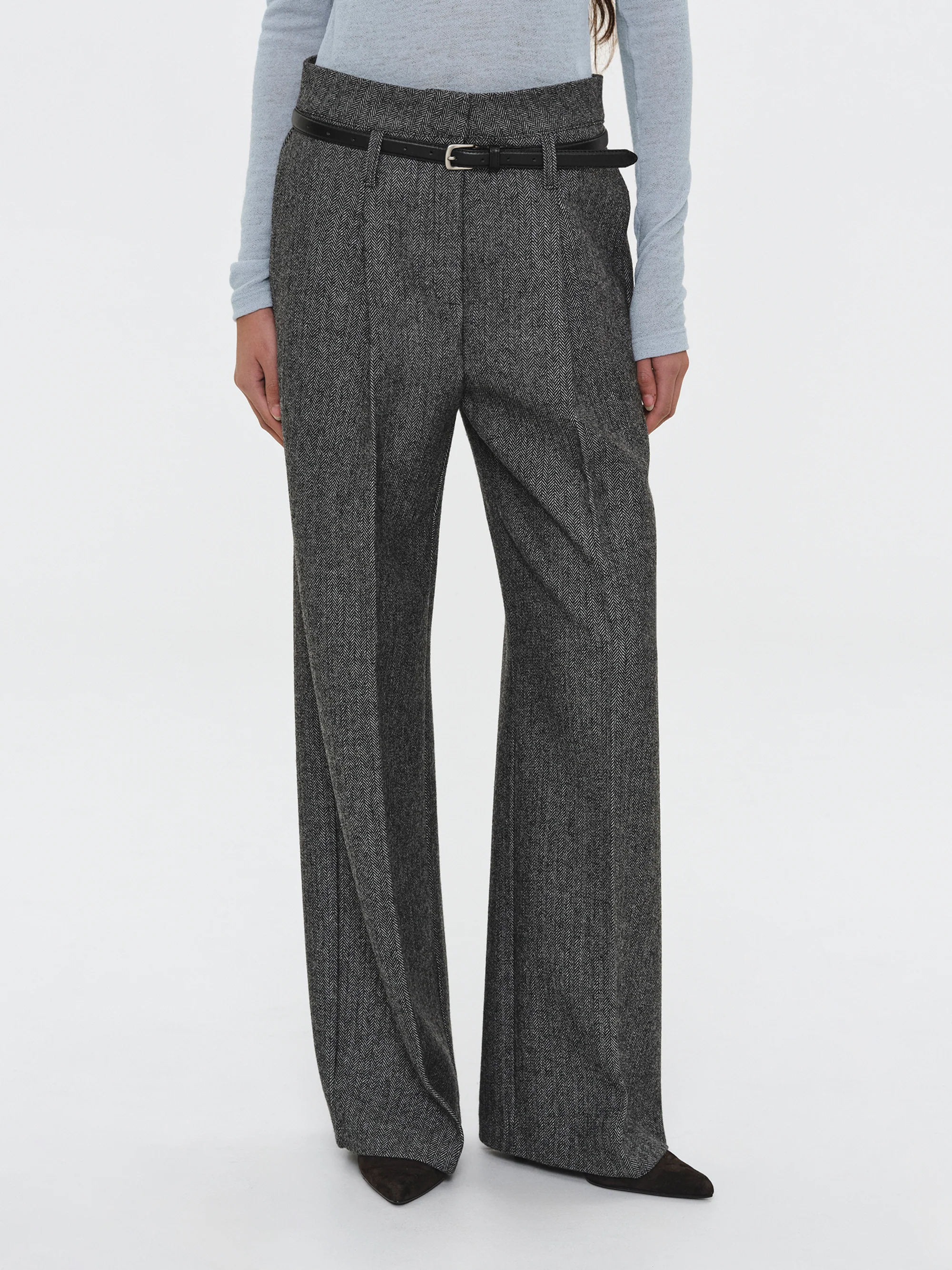 Belted Herringbone Trousers, Black