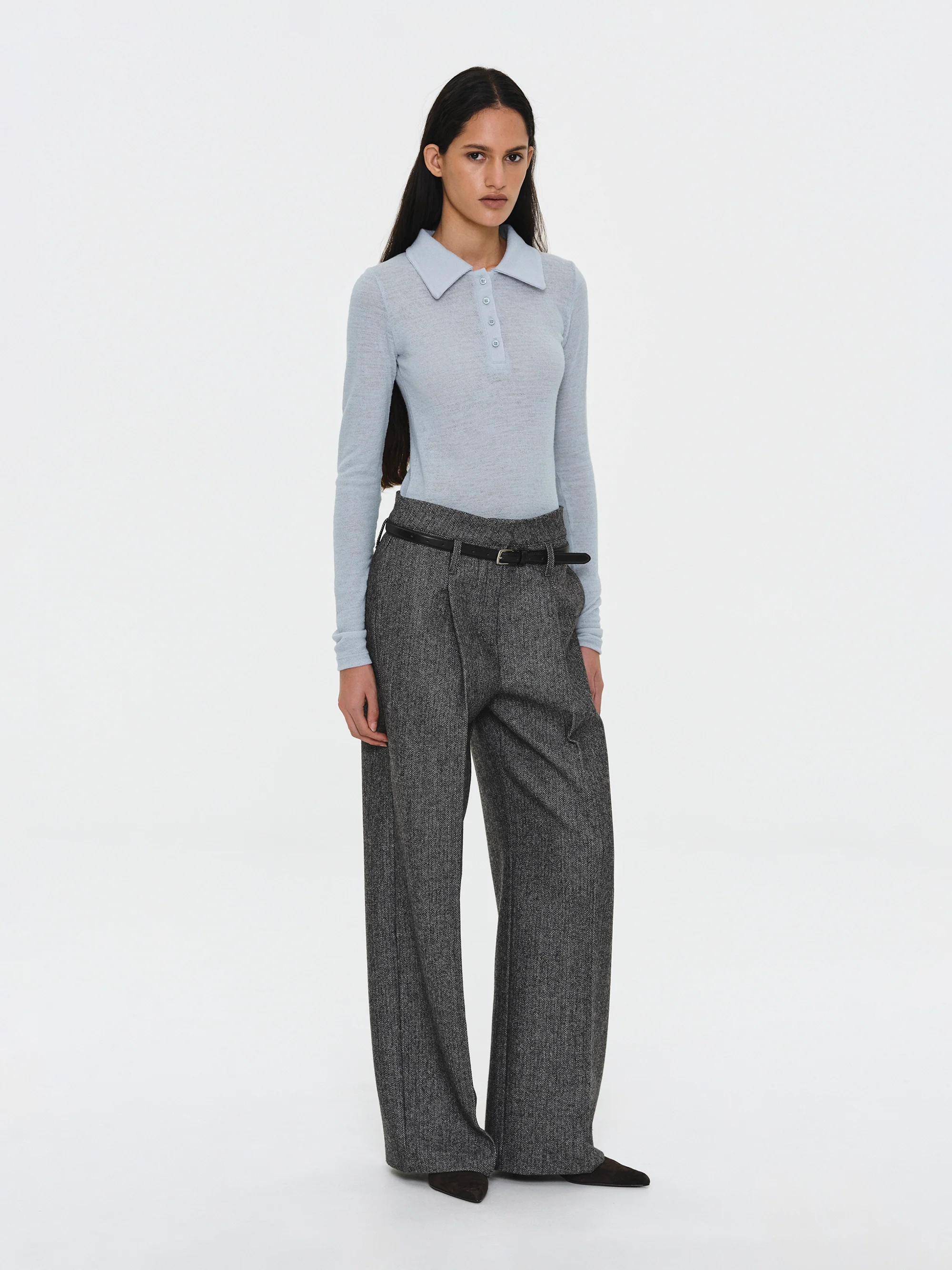 Belted Herringbone Trousers, Black - Image 2