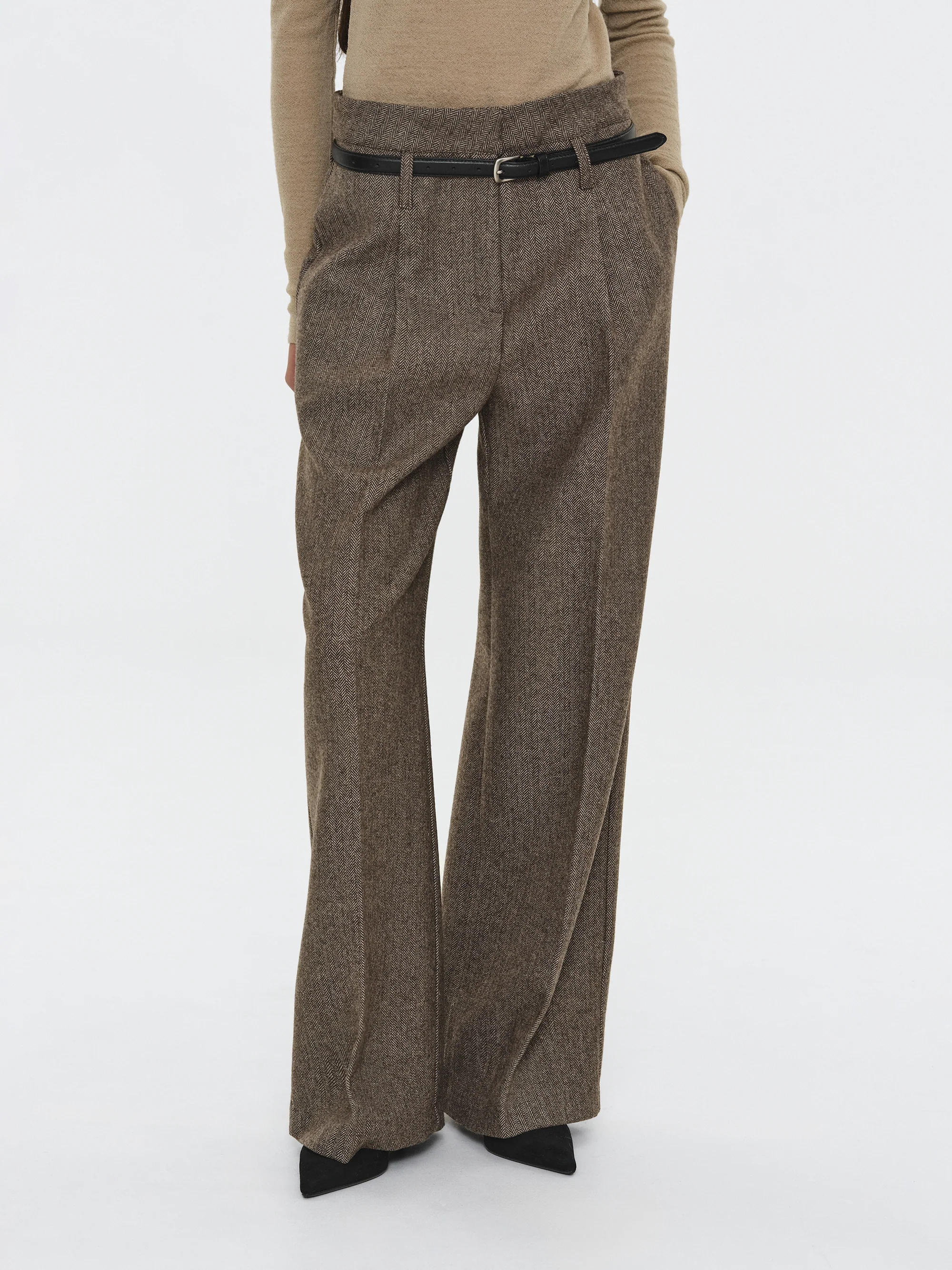 Belted Herringbone Trousers, Brown