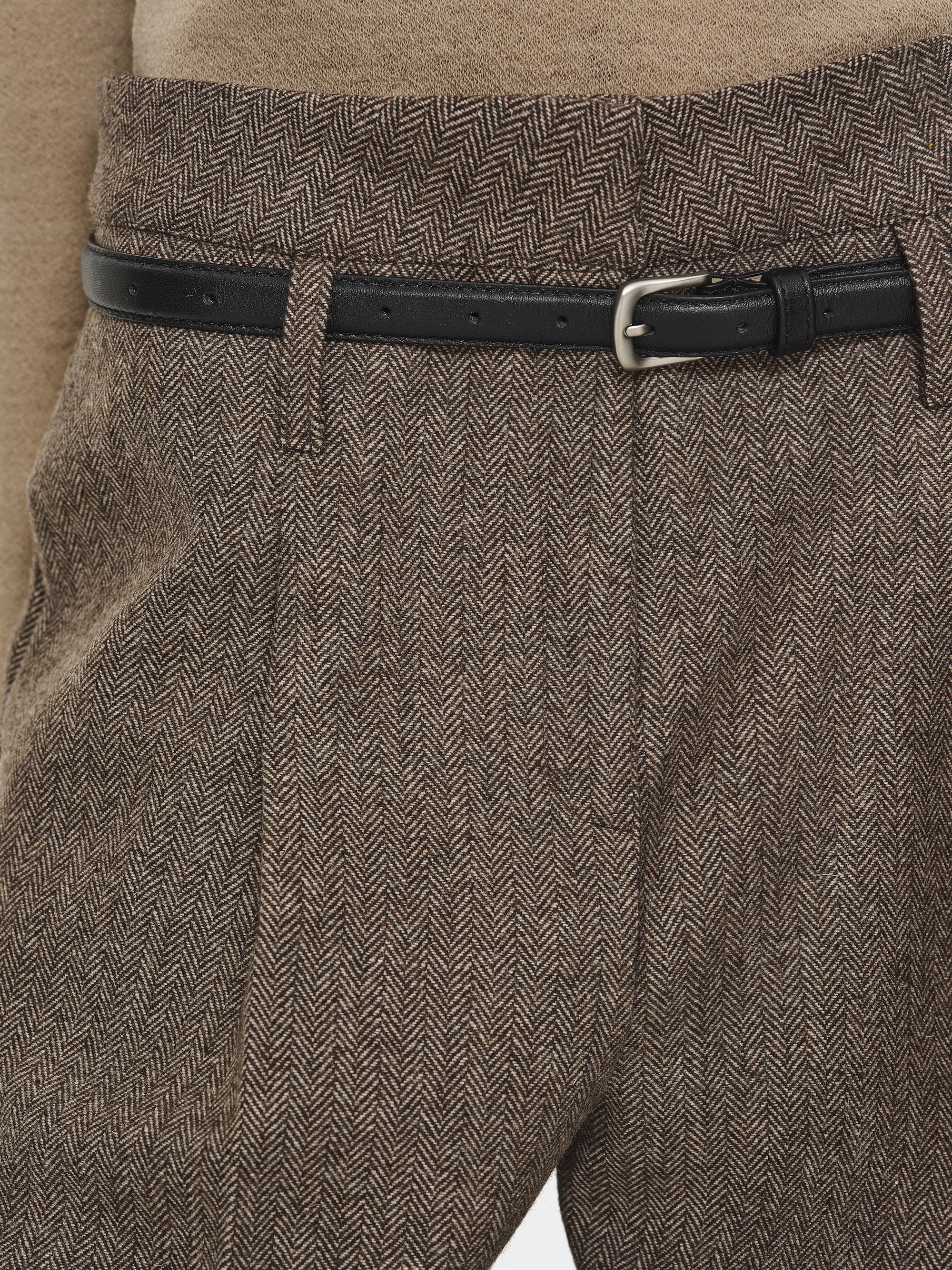 Belted Herringbone Trousers, Brown - Image 2