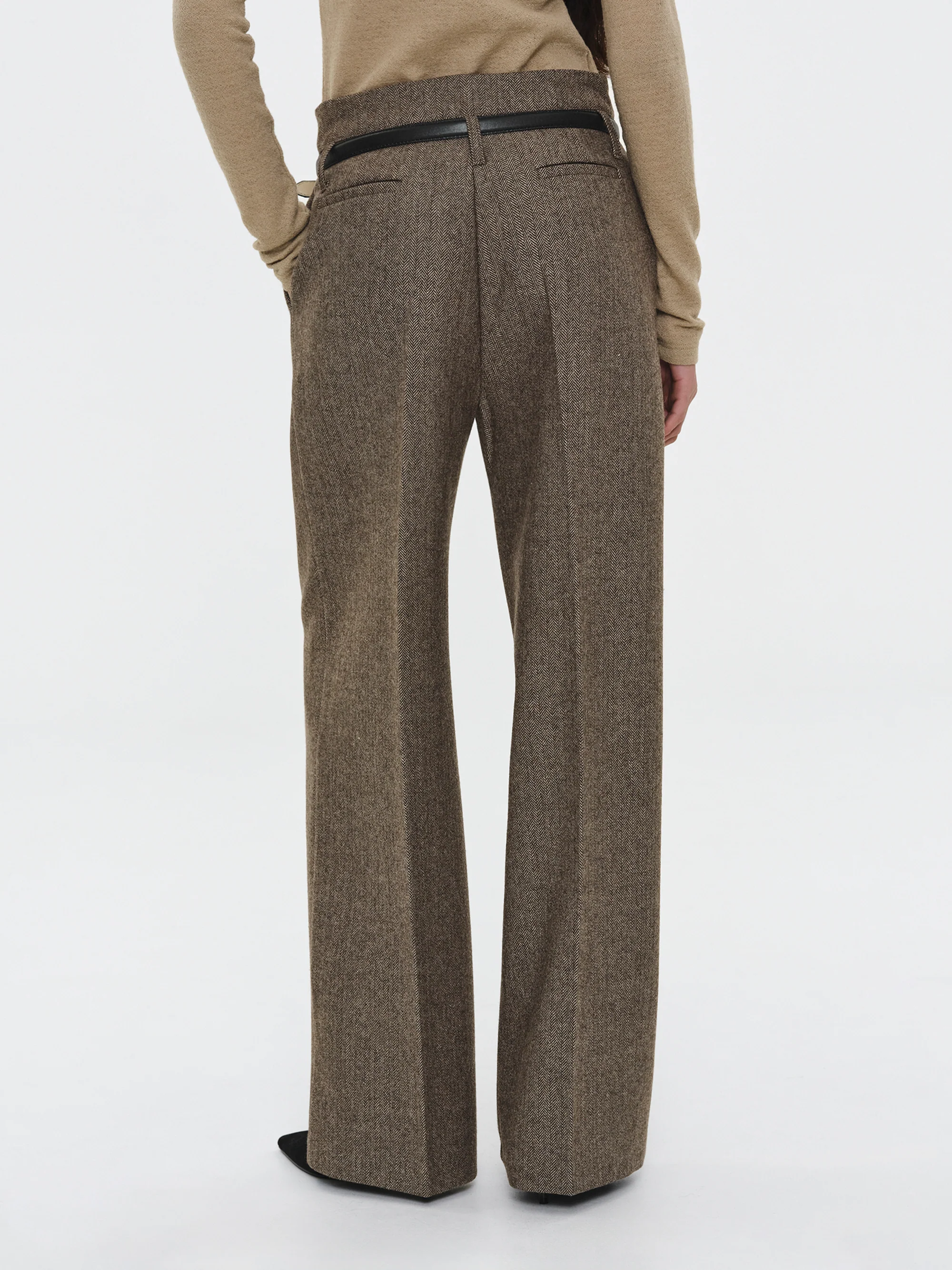Belted Herringbone Trousers, Brown - Image 3