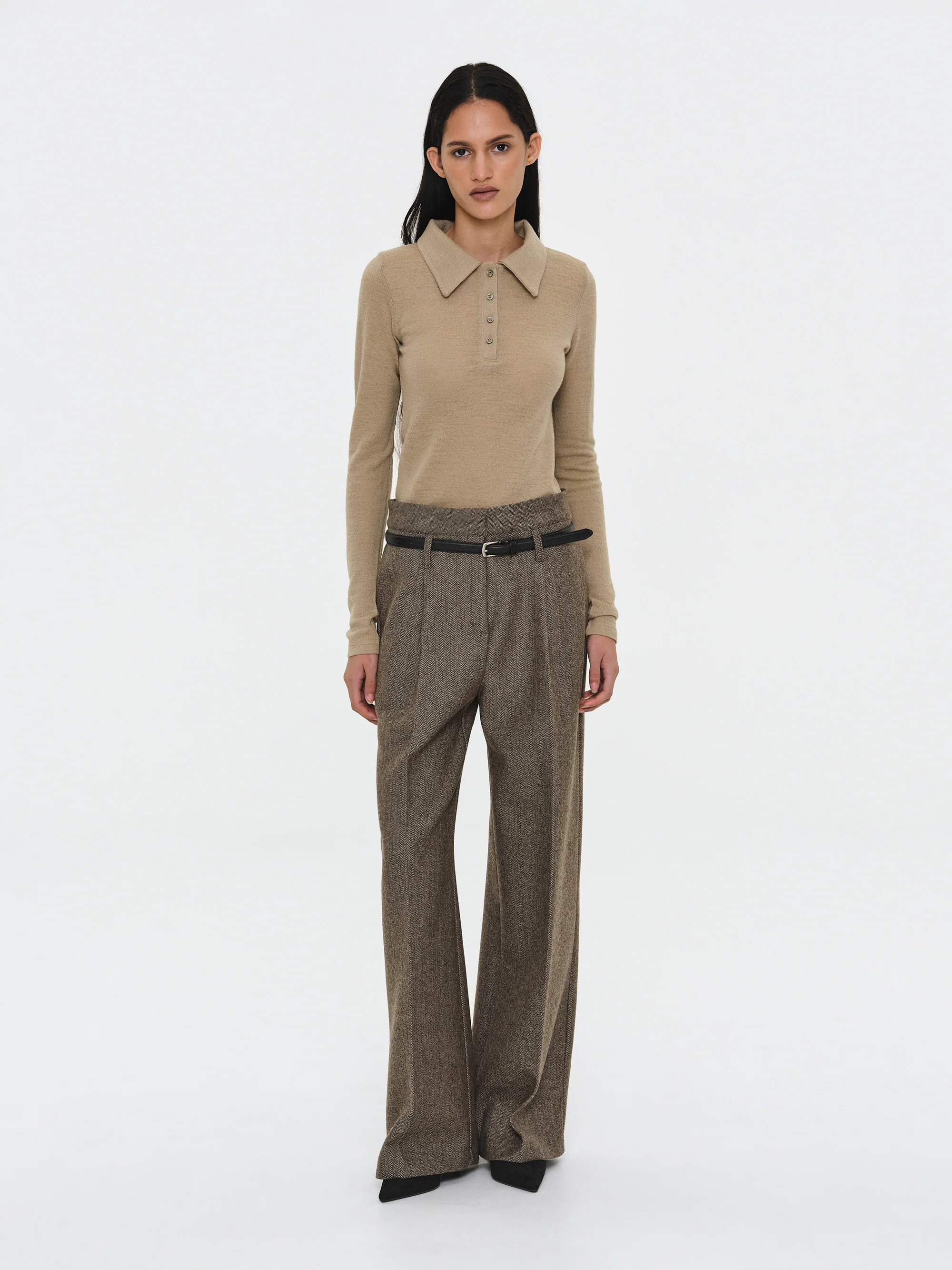 Belted Herringbone Trousers, Brown - Image 4