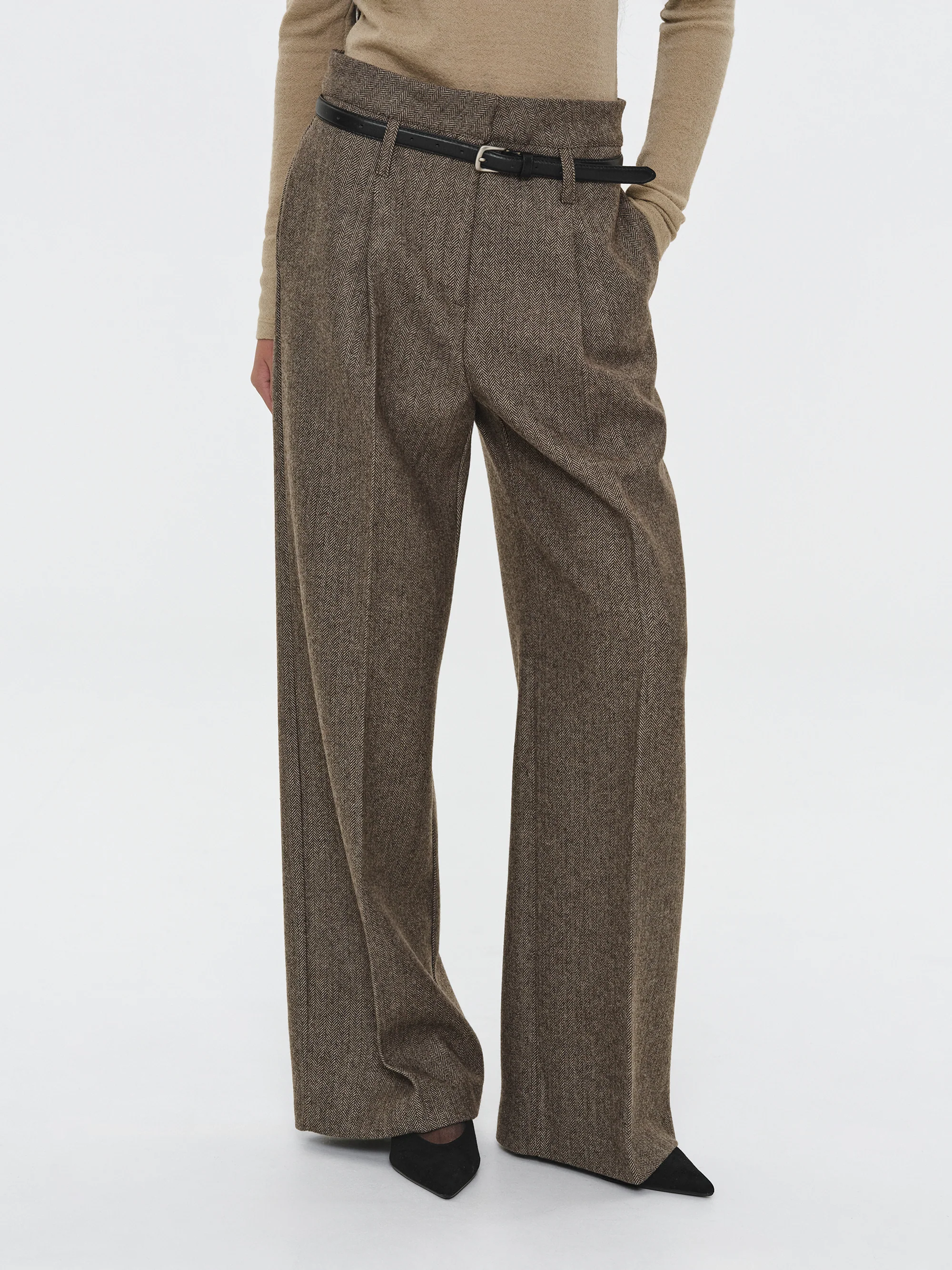 Belted Herringbone Trousers, Brown - Image 5