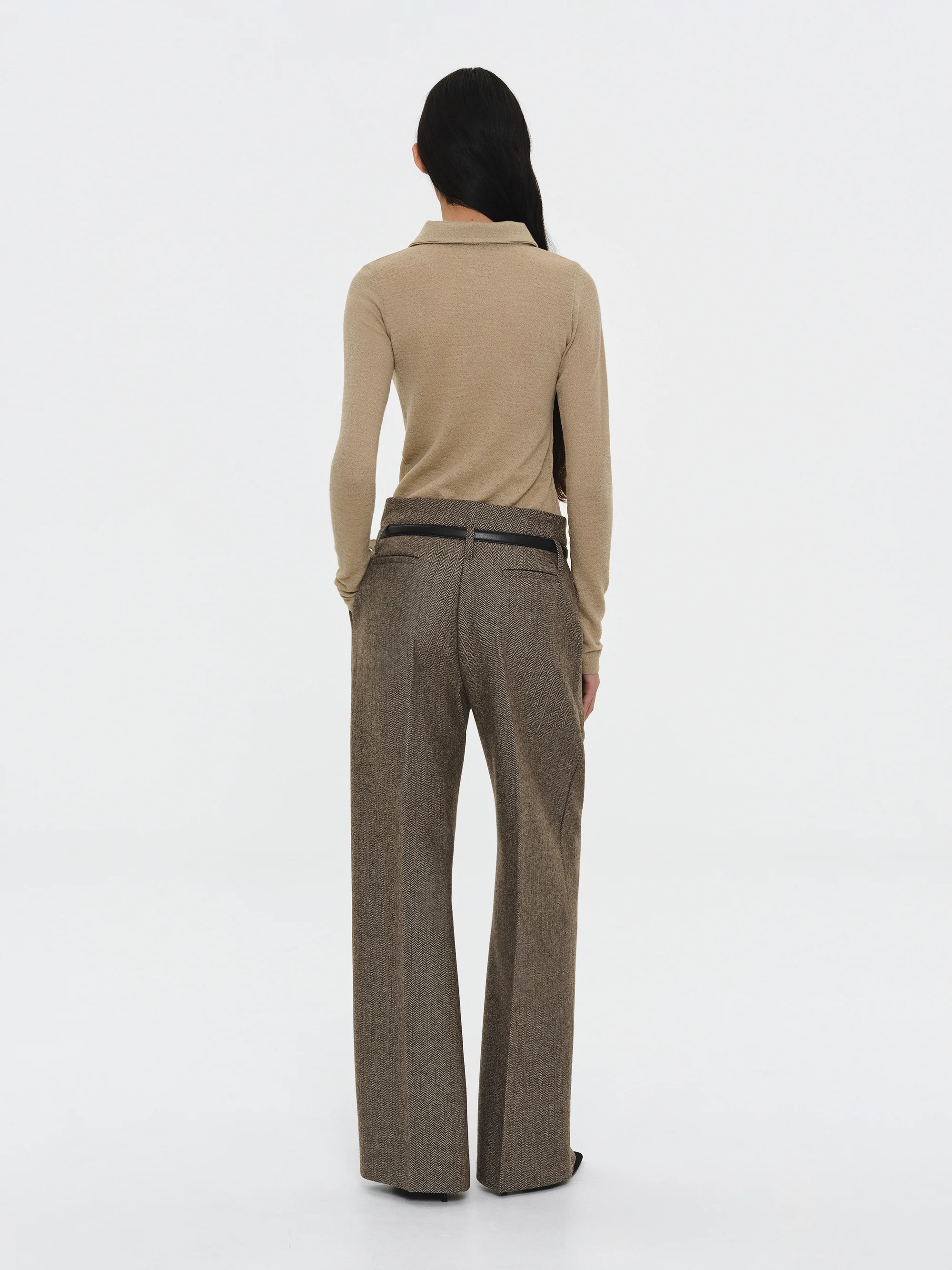 Belted Herringbone Trousers, Brown - Image 6