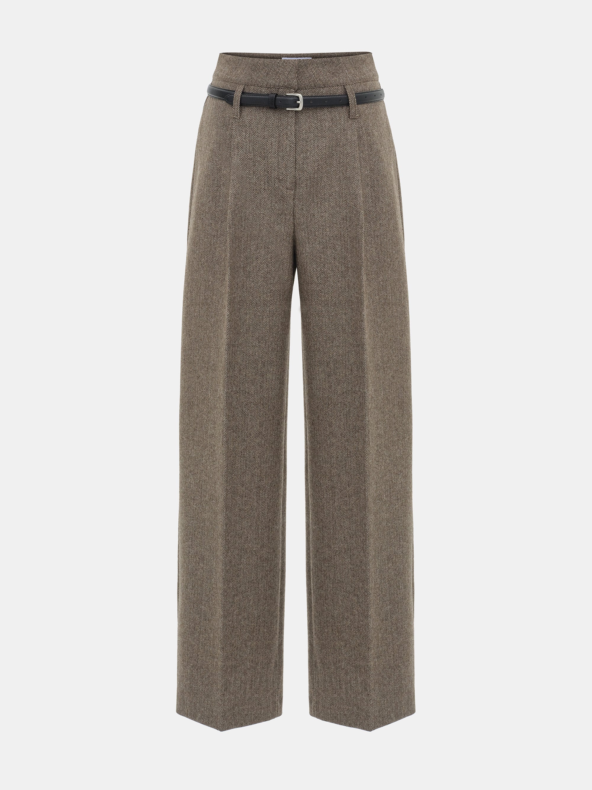 Belted Herringbone Trousers, Brown - Image 7