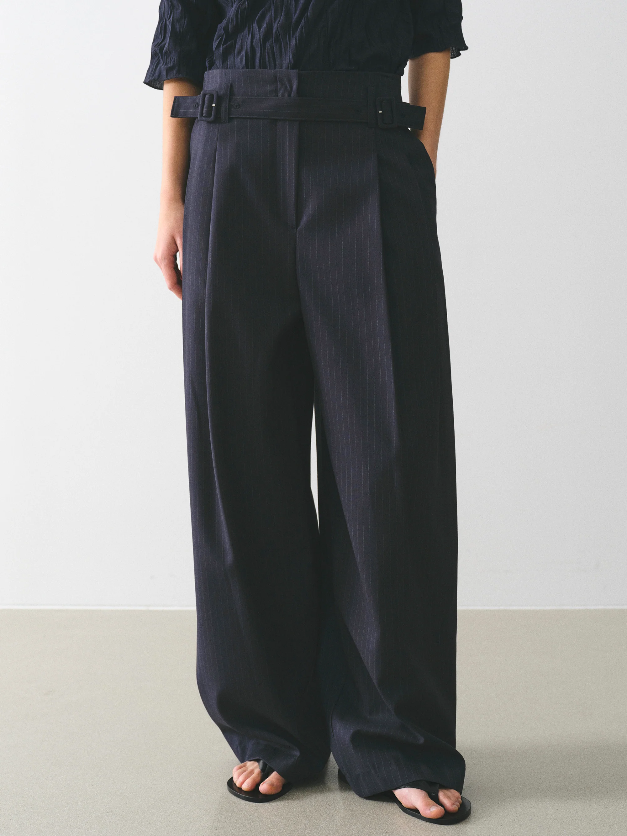 Belted Pinstripe Trousers, Navy - Image 2