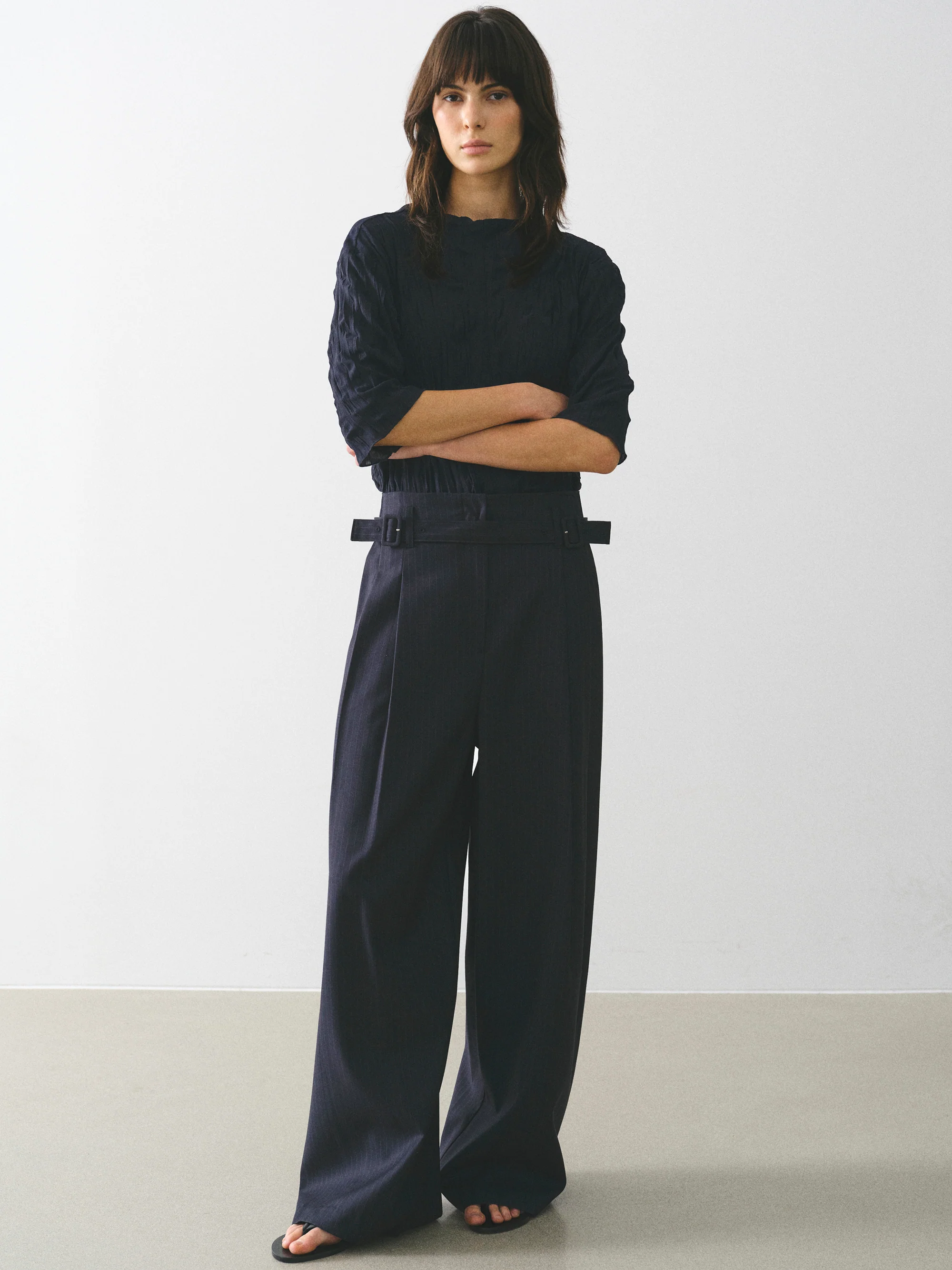 Belted Pinstripe Trousers, Navy - Image 3
