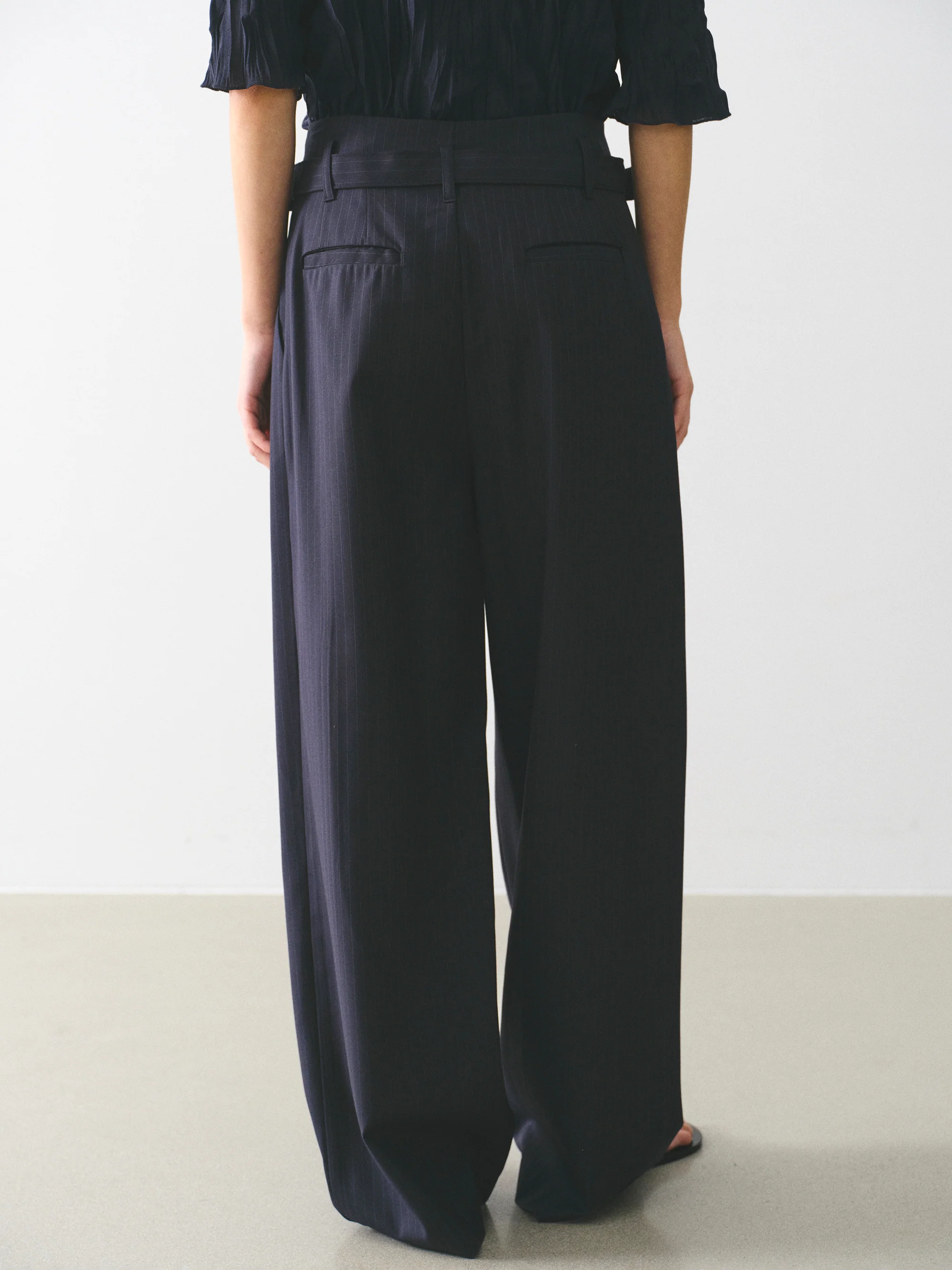 Belted Pinstripe Trousers, Navy - Image 4