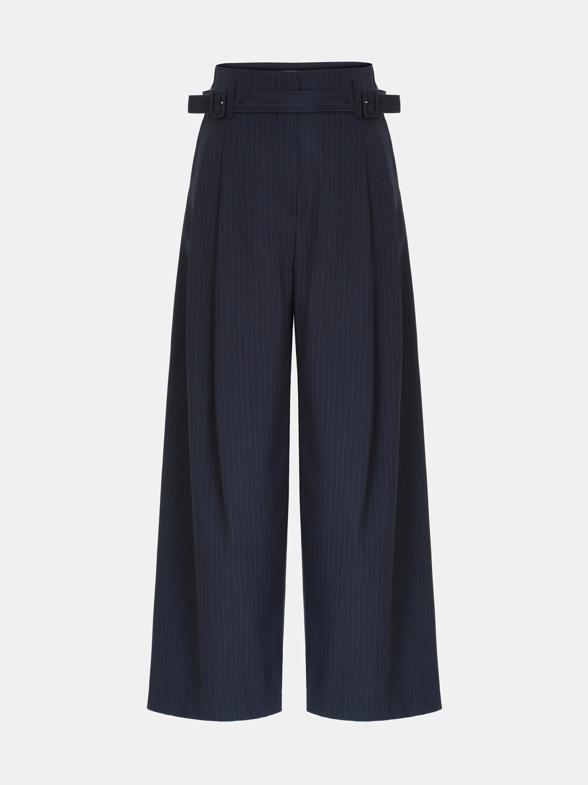 Belted Pinstripe Trousers, Navy - Image 5