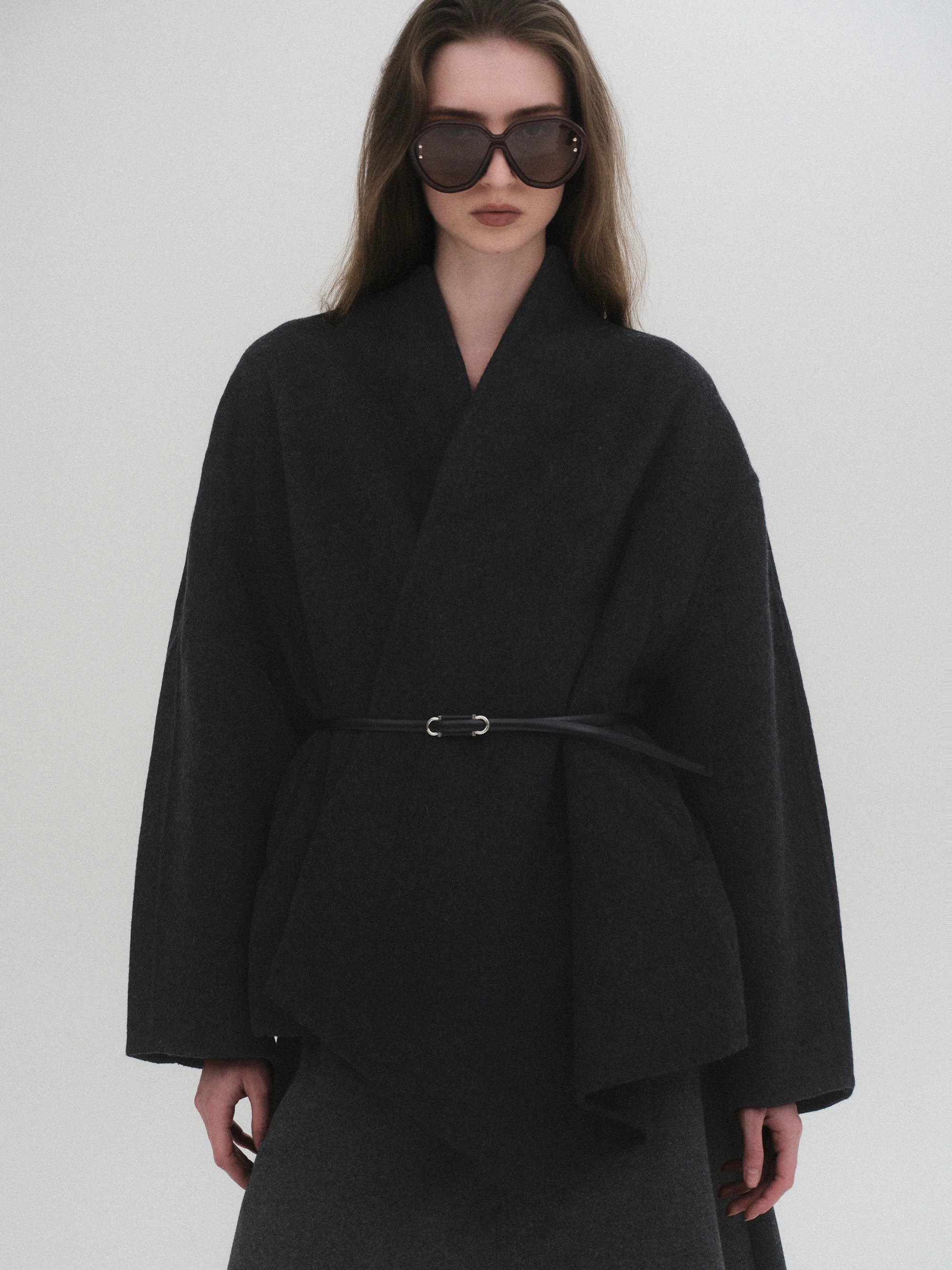 Belted Shawl-Collar Coat, Charcoal
