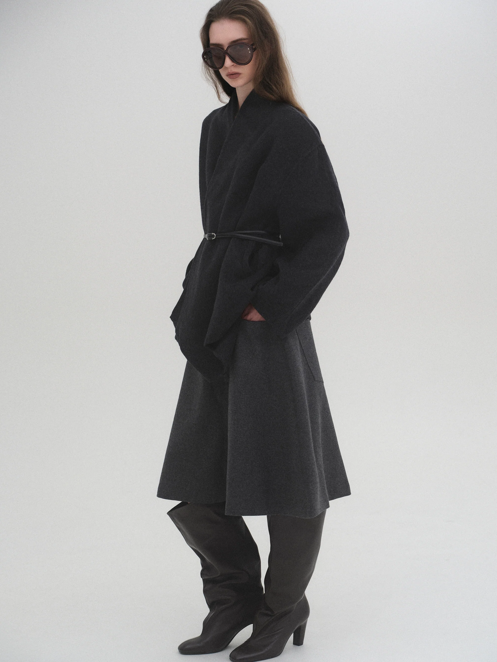 Belted Shawl-Collar Coat, Charcoal - Image 2