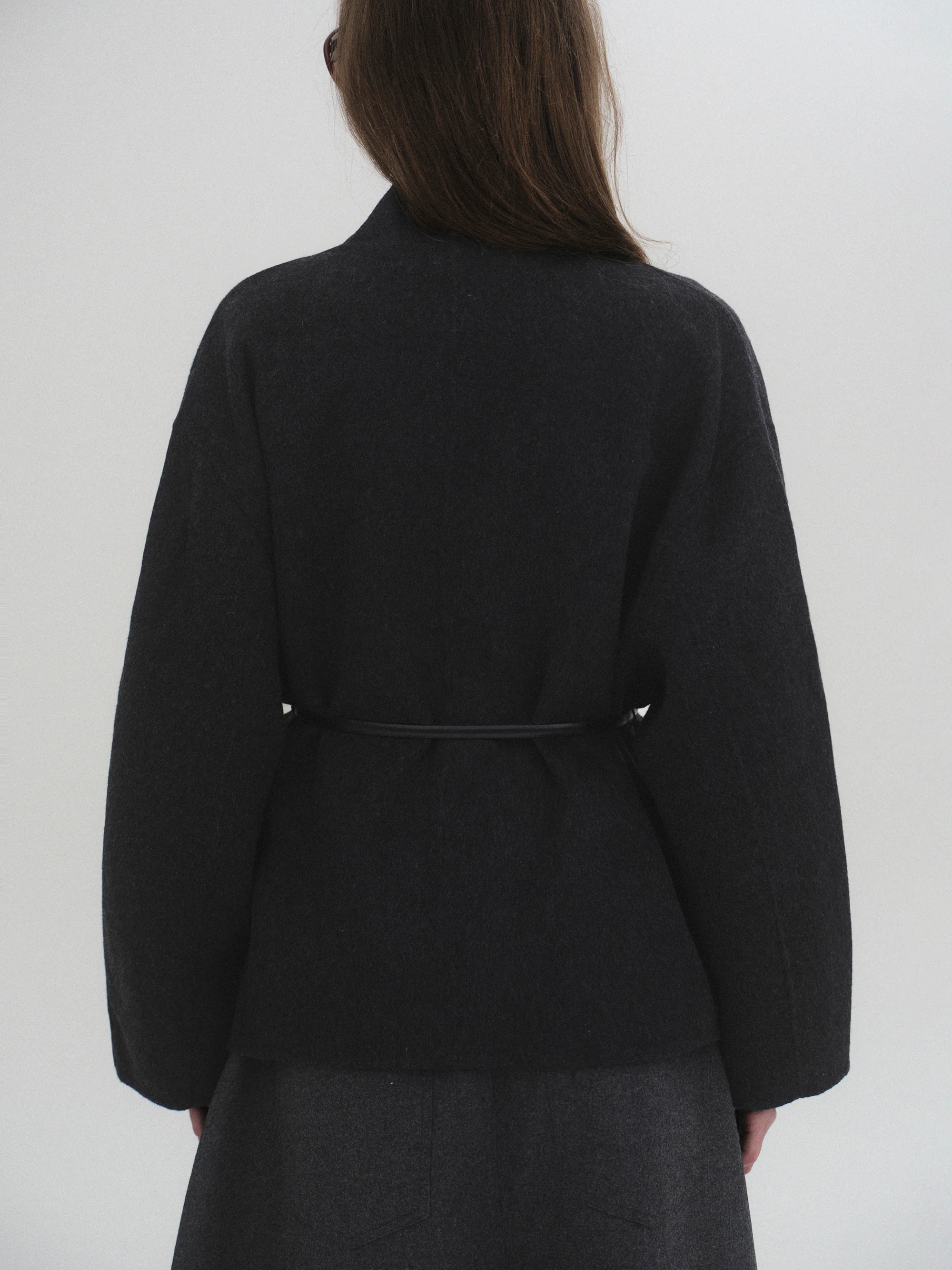 Belted Shawl-Collar Coat, Charcoal - Image 3