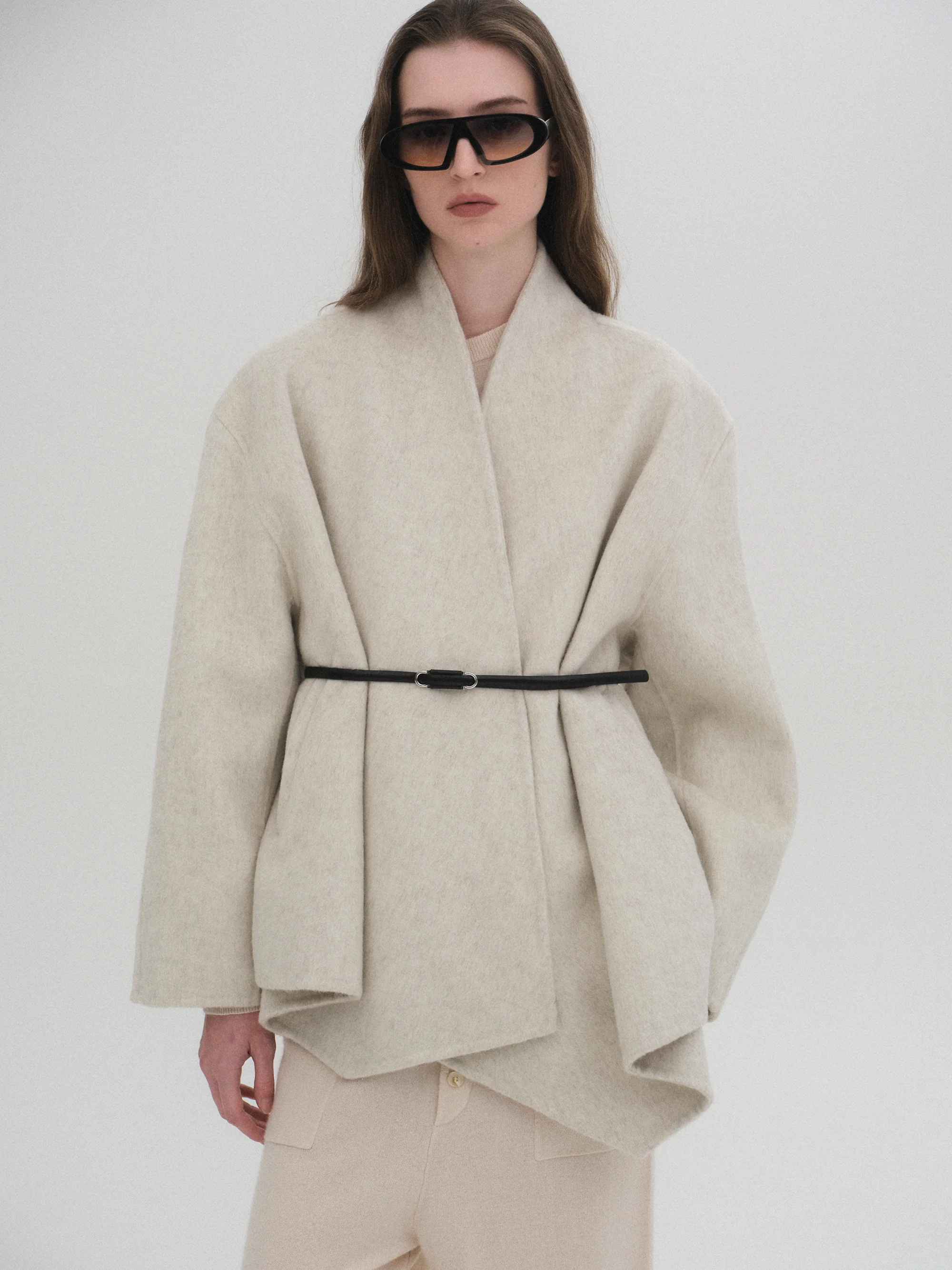 Belted Shawl-Collar Coat, Ivory