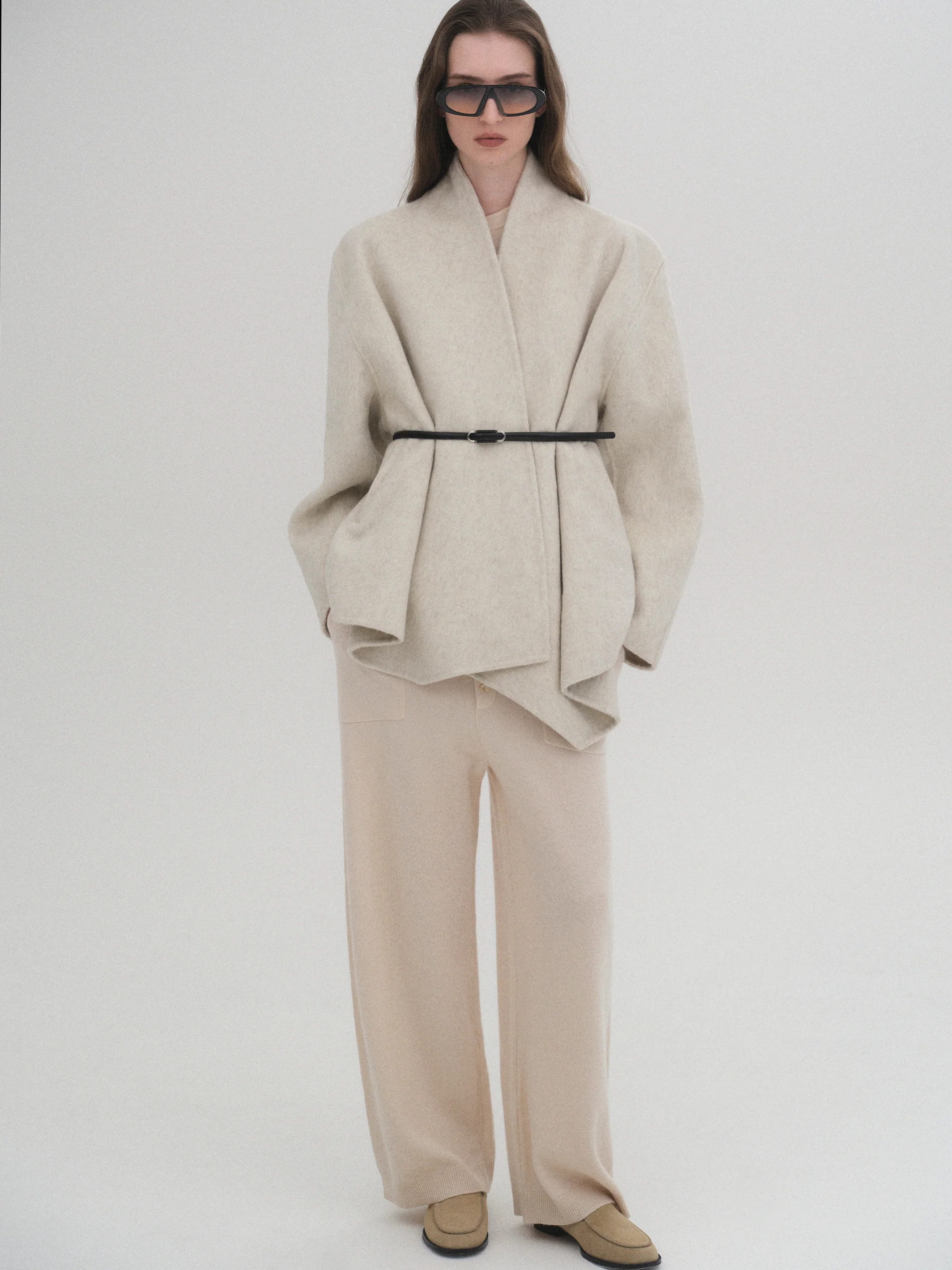 Belted Shawl-Collar Coat, Ivory - Image 3