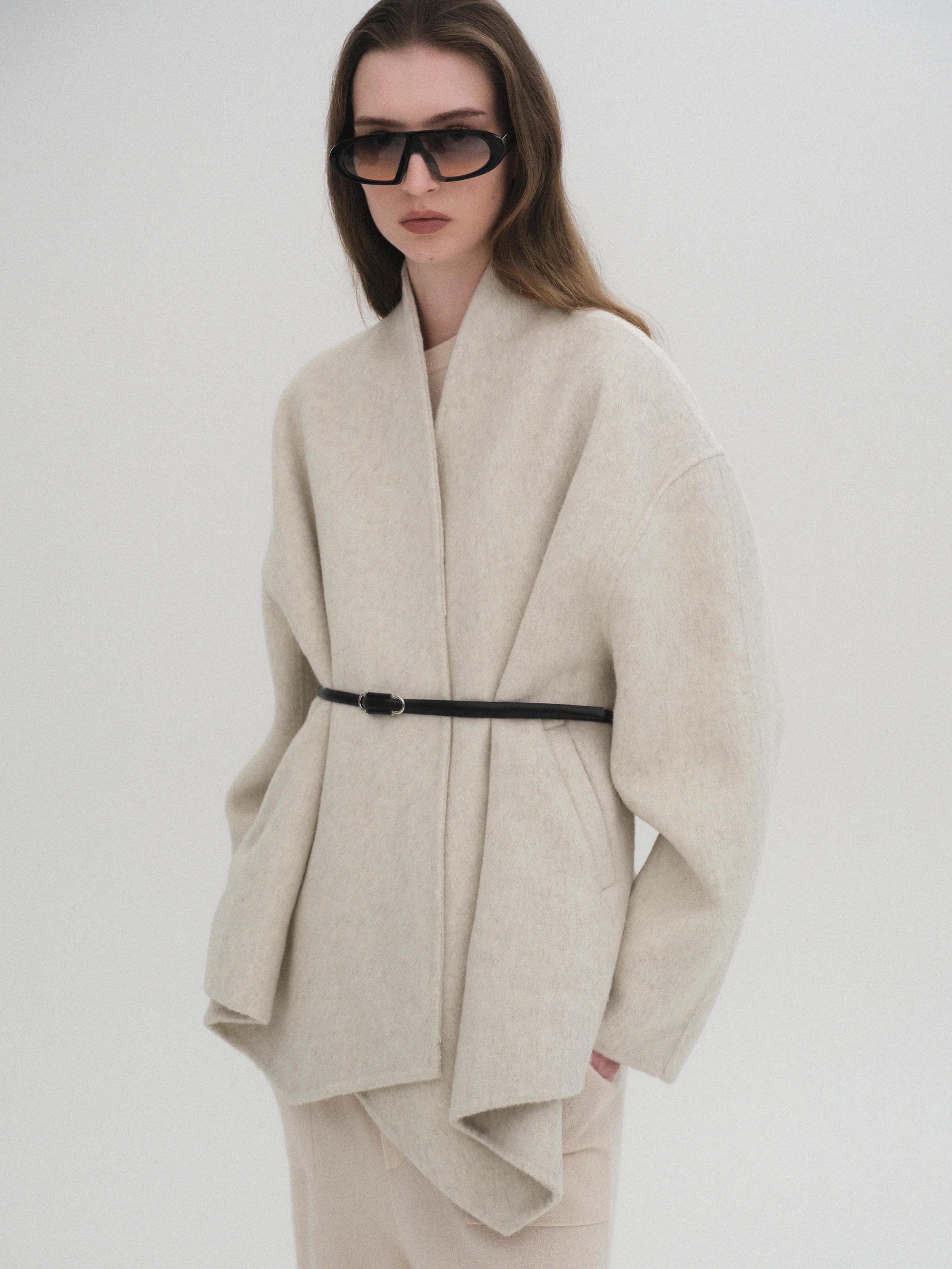 Belted Shawl-Collar Coat, Ivory - Image 4