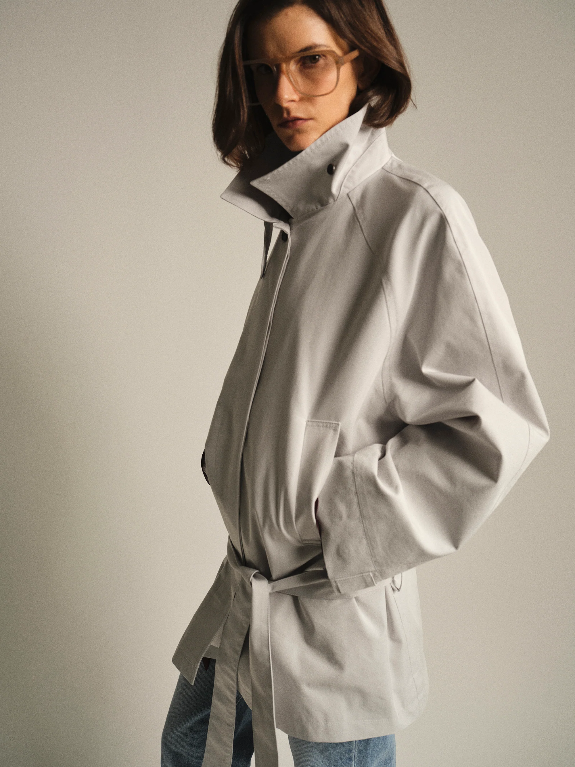 Belted Short Trench Jacket, Pale Blue