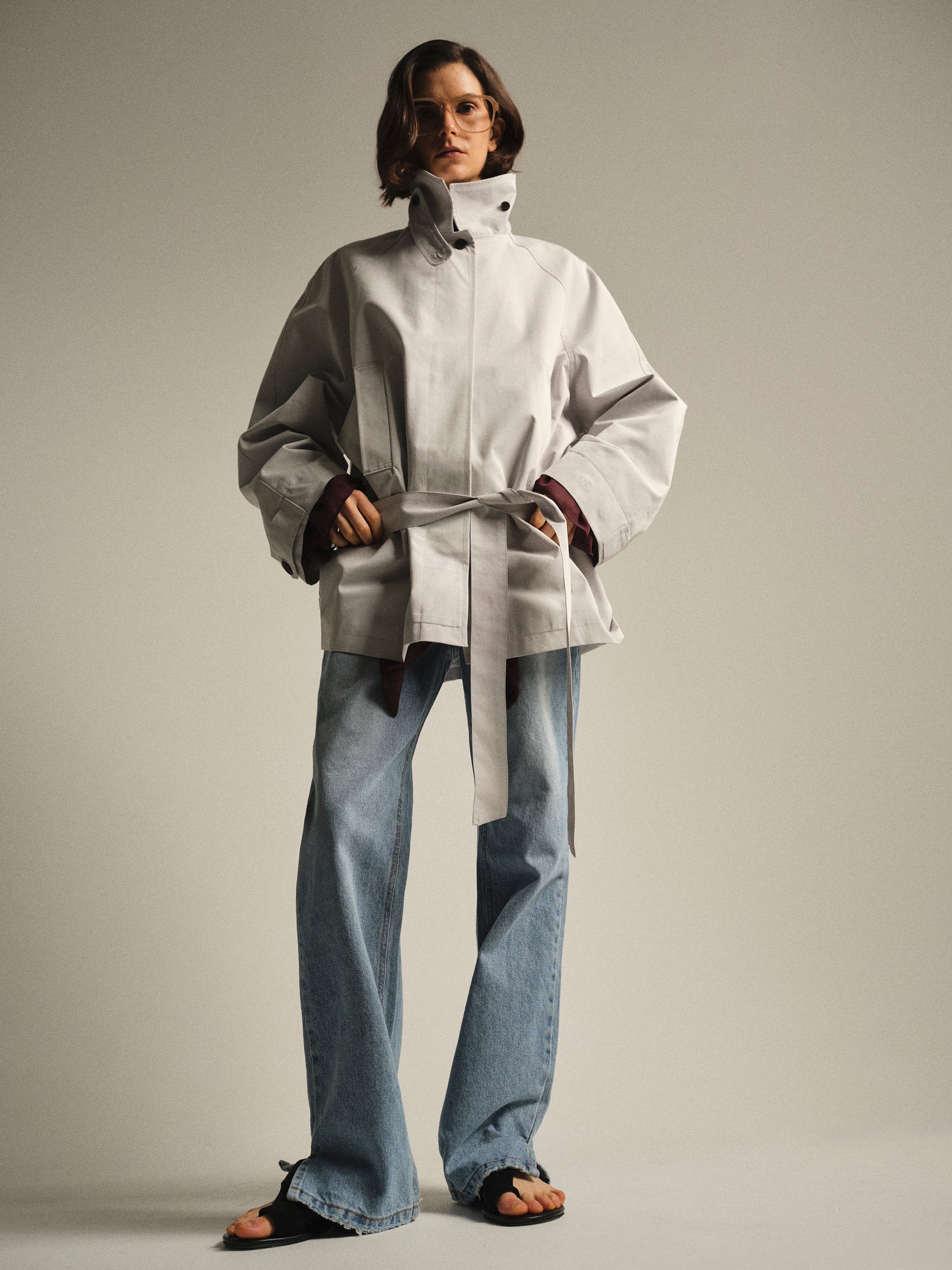 Belted Short Trench Jacket, Pale Blue - Image 3