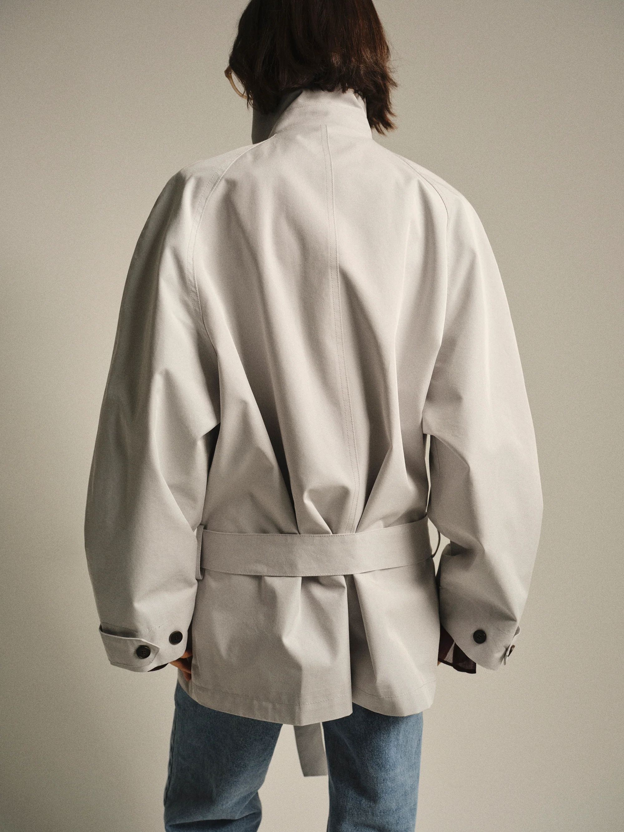 Belted Short Trench Jacket, Pale Blue - Image 4