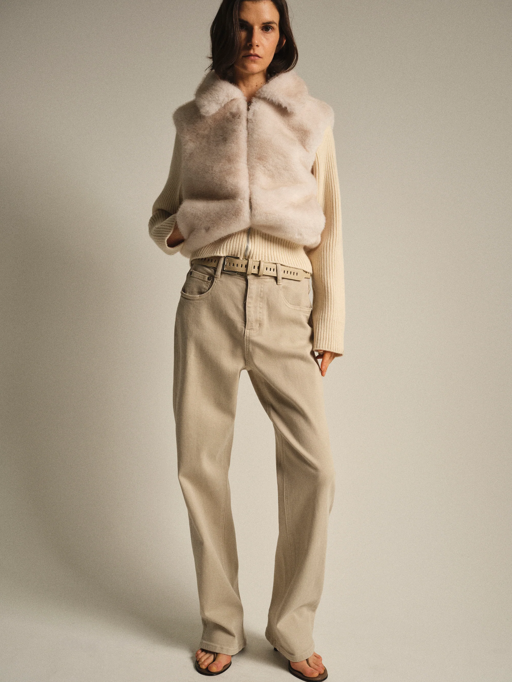 Belted Straight-Leg Jeans, Beige - Image 3