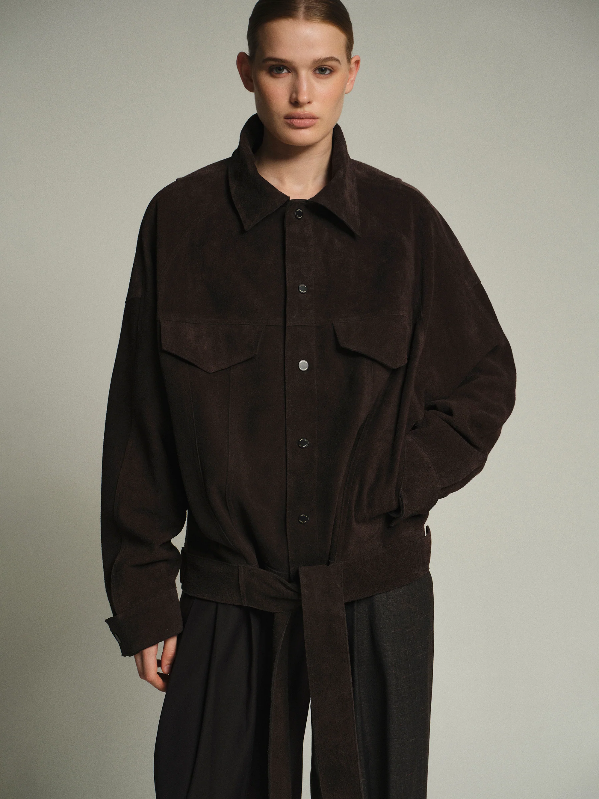 Belted Suede Leather Jacket, Chocolate