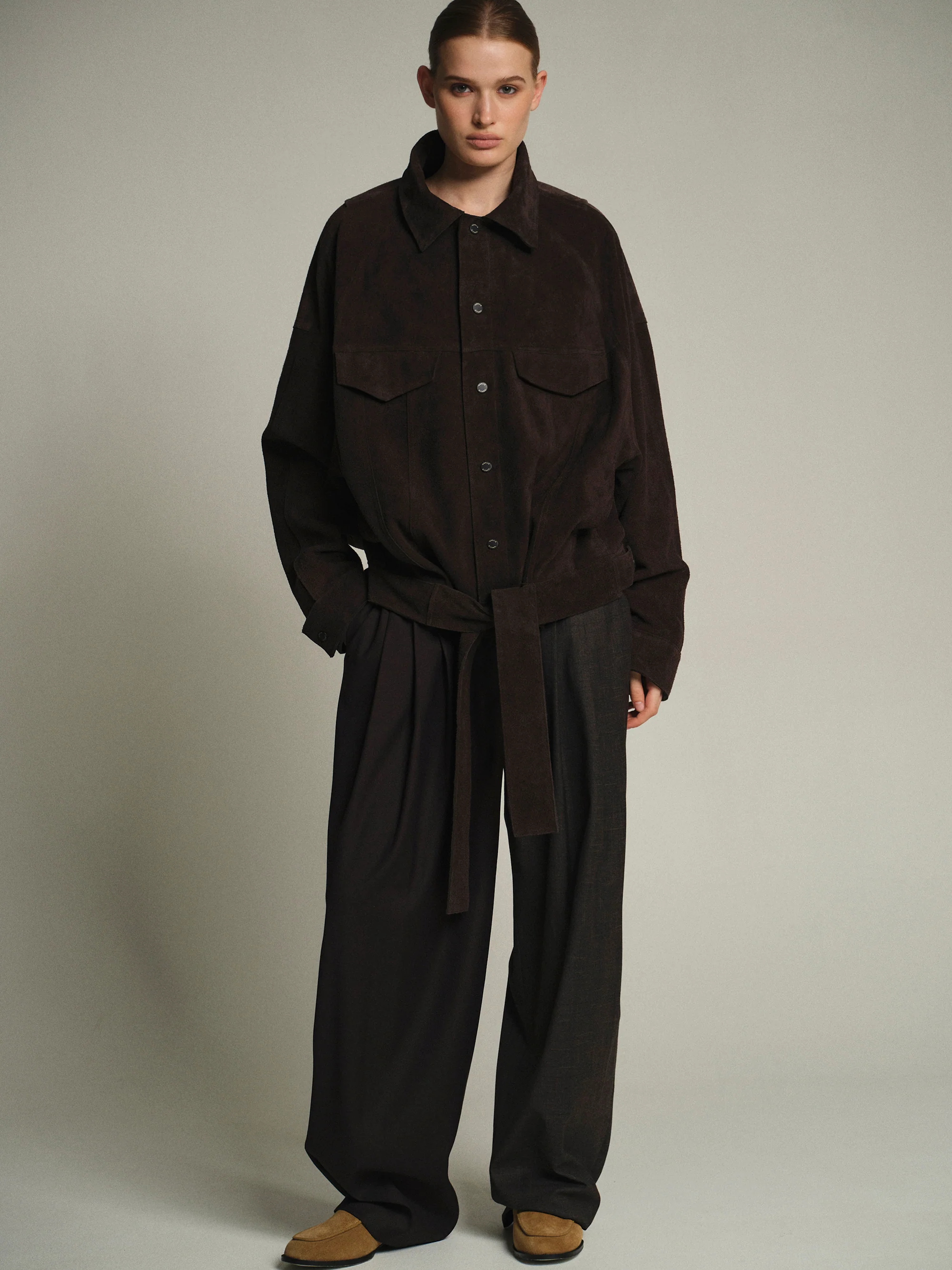 Belted Suede Leather Jacket, Chocolate - Image 2