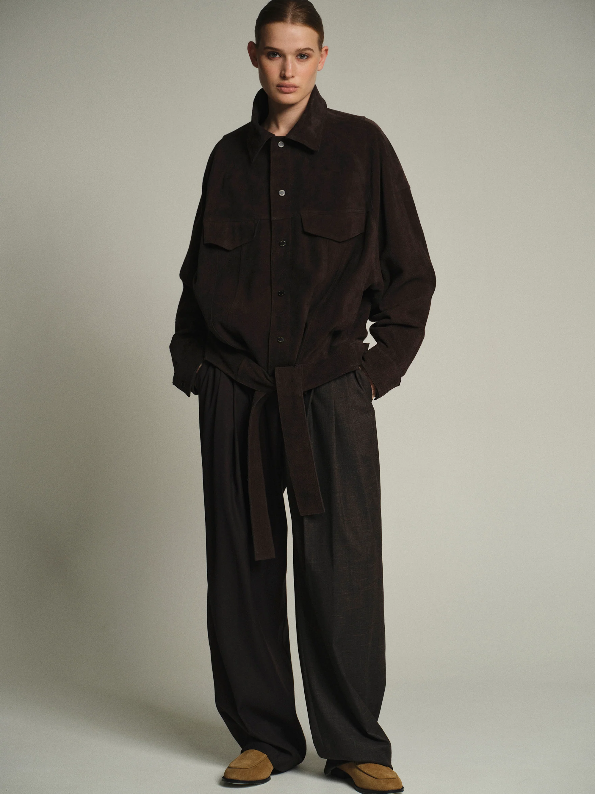 Belted Suede Leather Jacket, Chocolate - Image 3