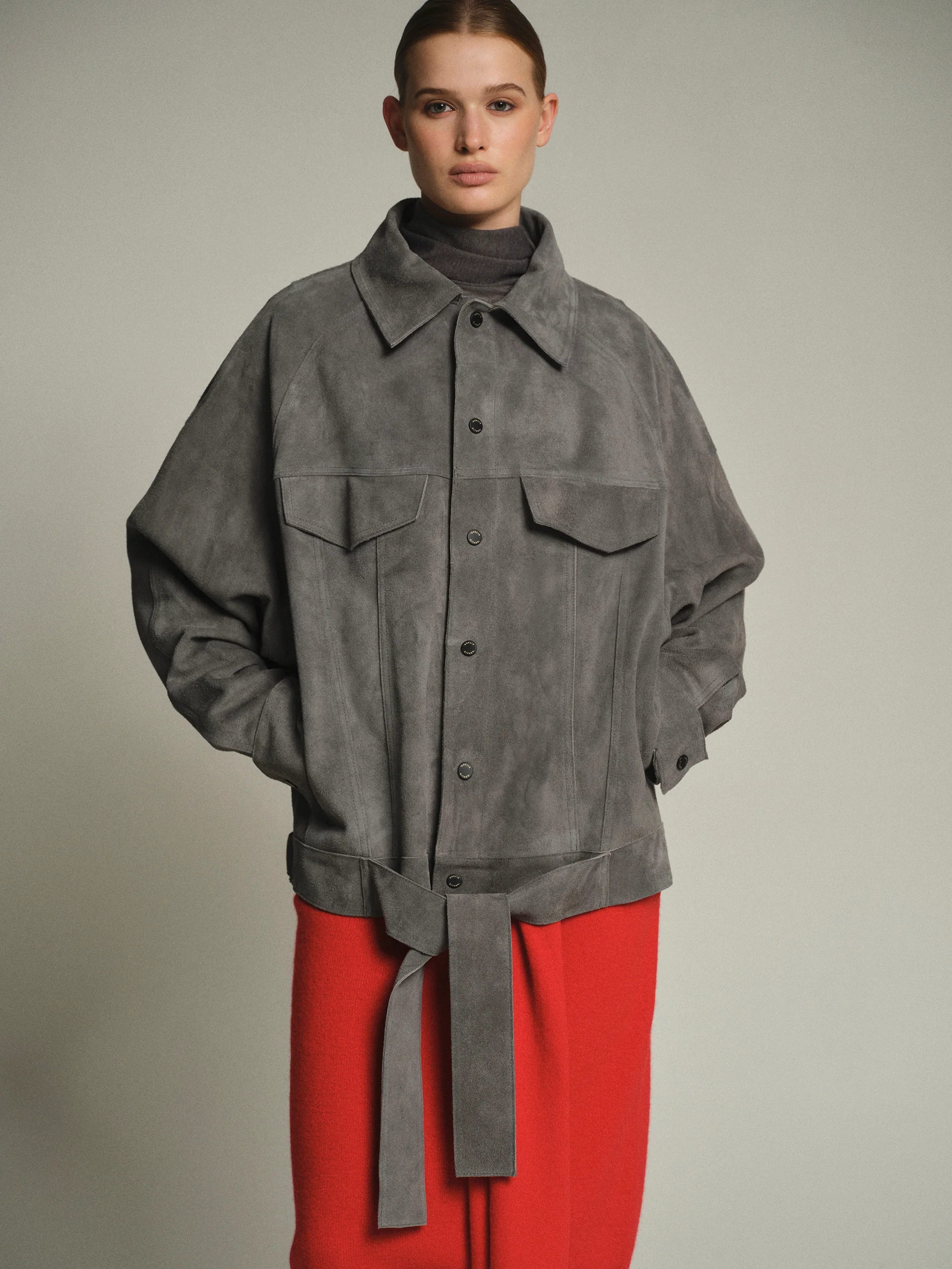 Belted Suede Leather Jacket, Grey