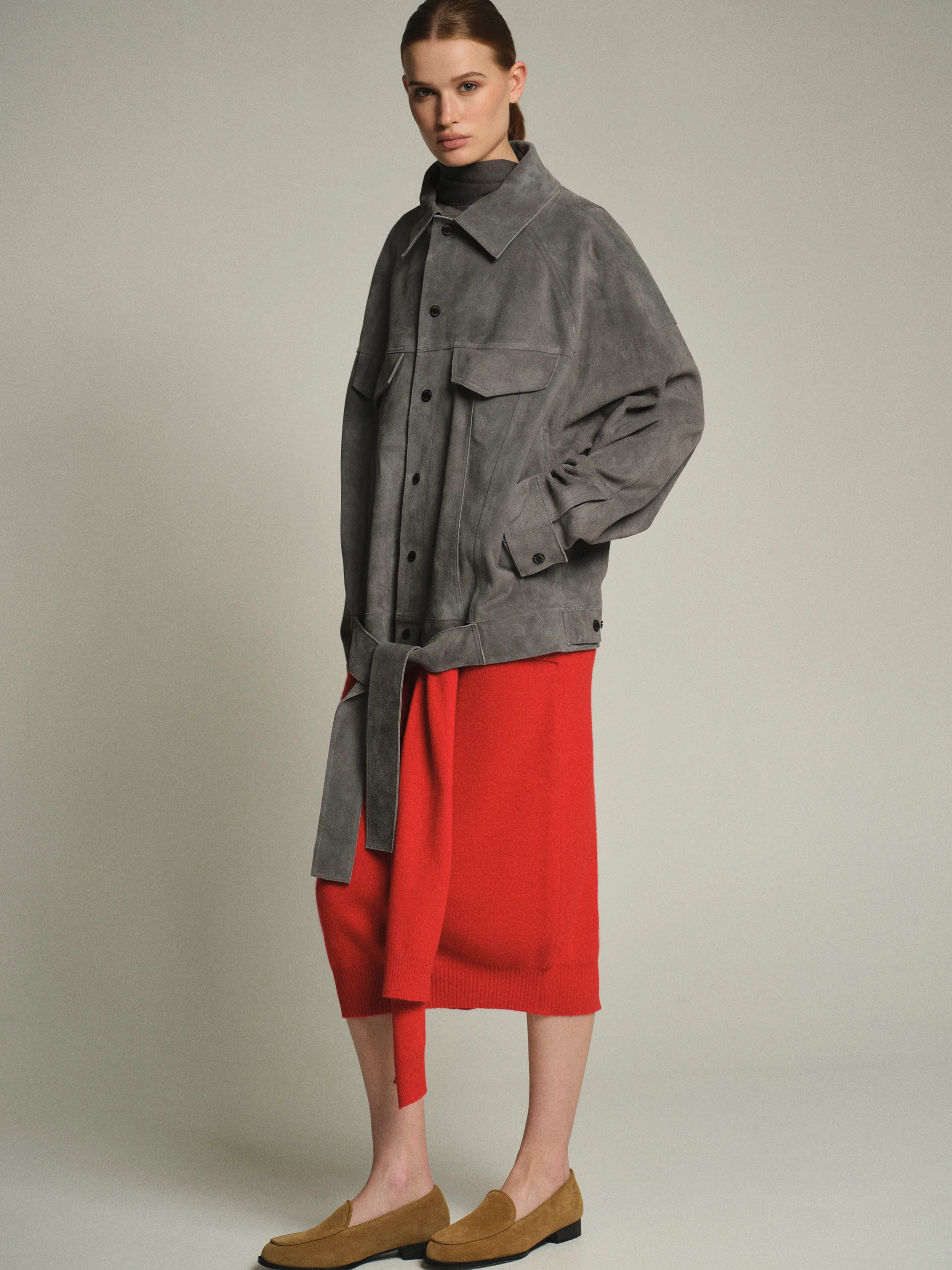 Belted Suede Leather Jacket, Grey - Image 2