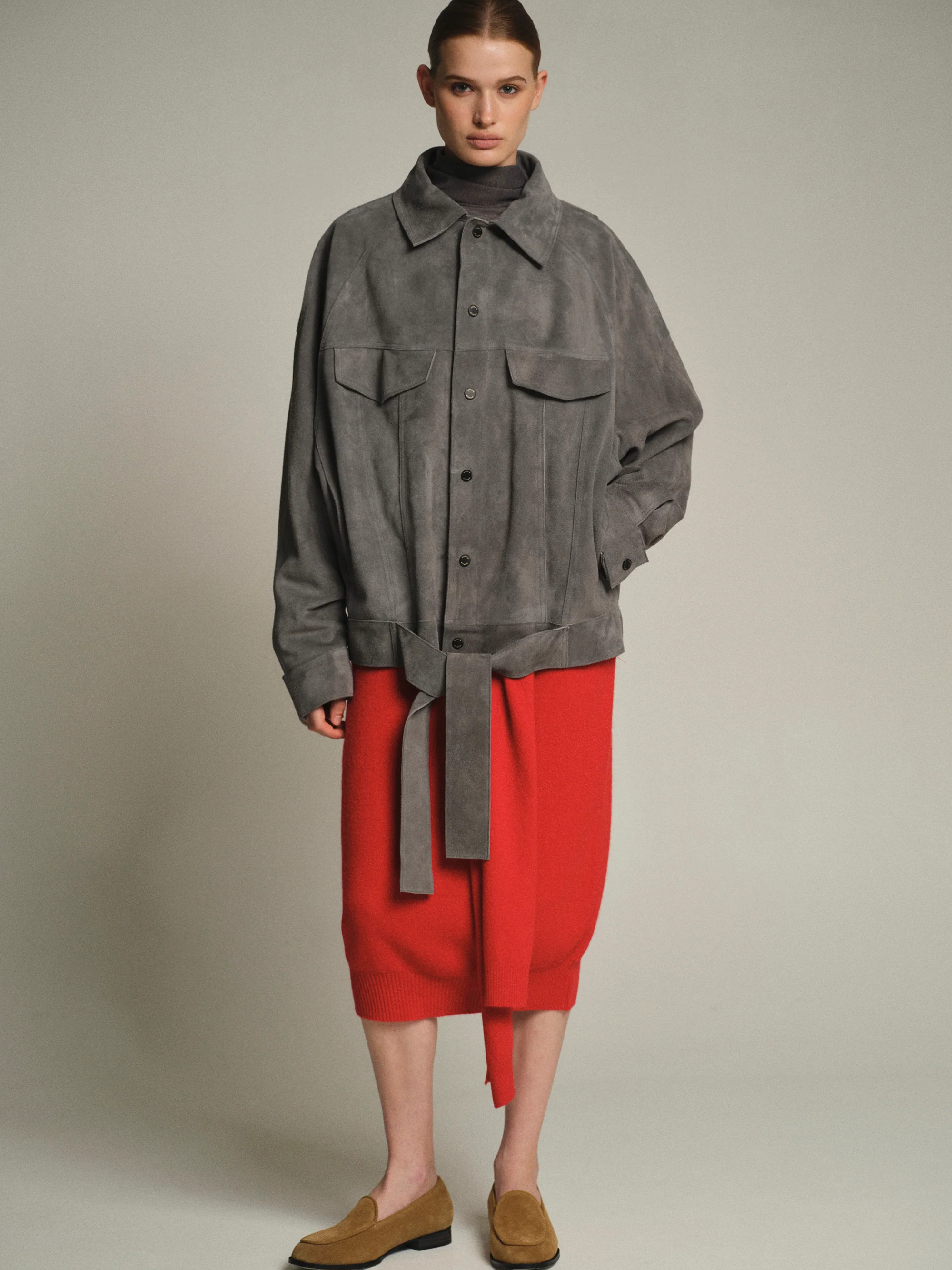Belted Suede Leather Jacket, Grey - Image 3