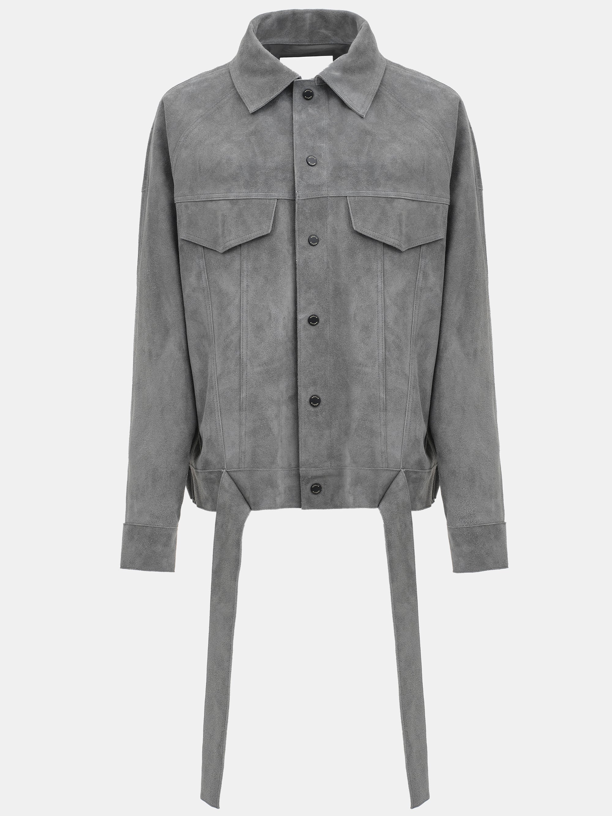 Belted Suede Leather Jacket, Grey - Image 4