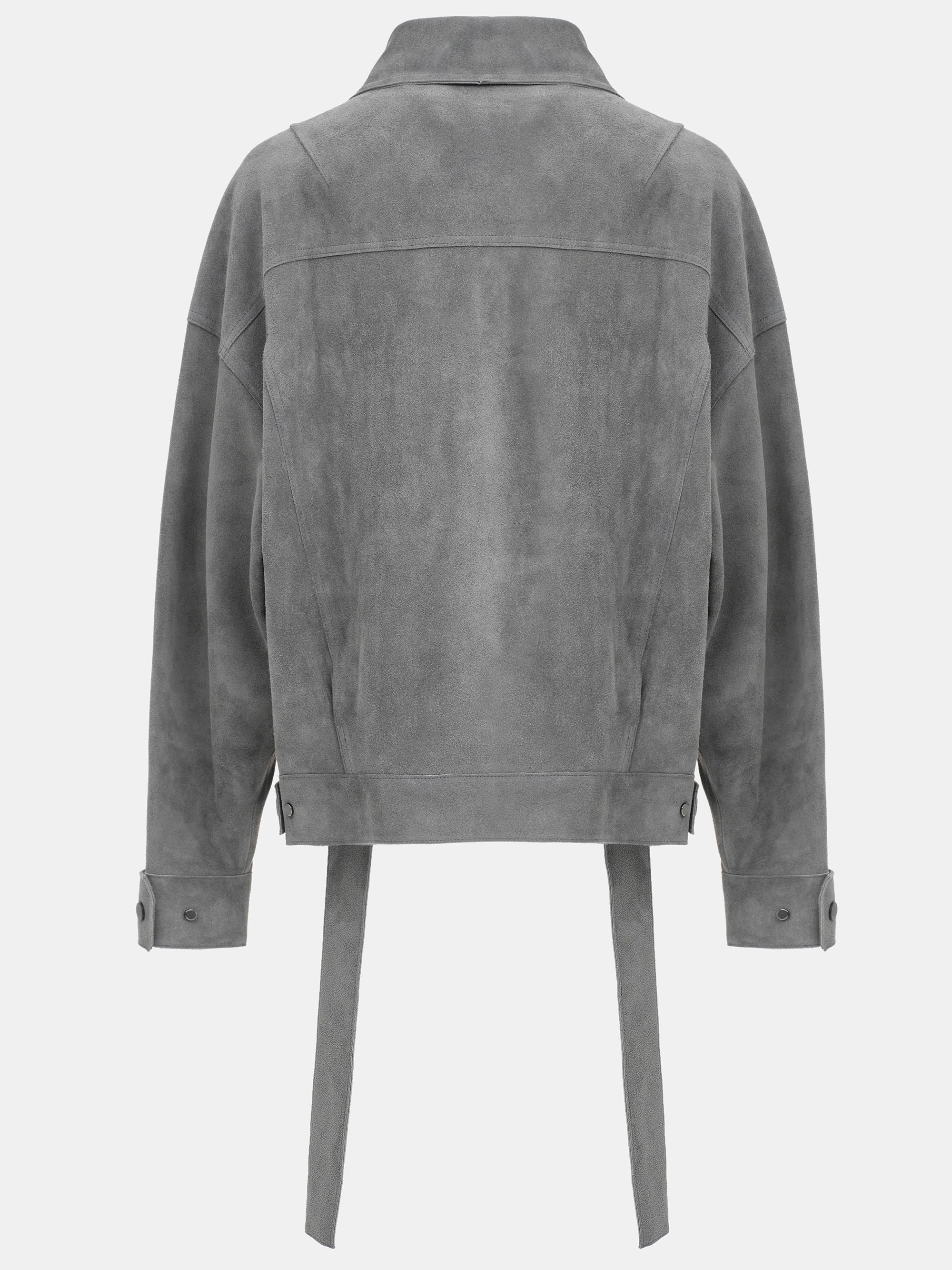 Belted Suede Leather Jacket, Grey - Image 5