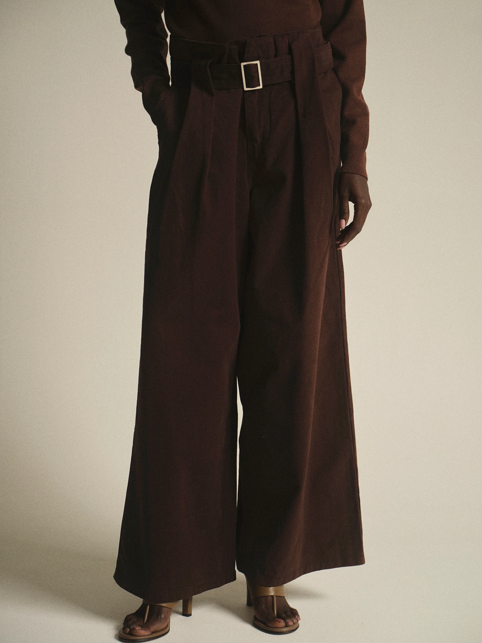 Belted Wide Pants, Brown - Image 4