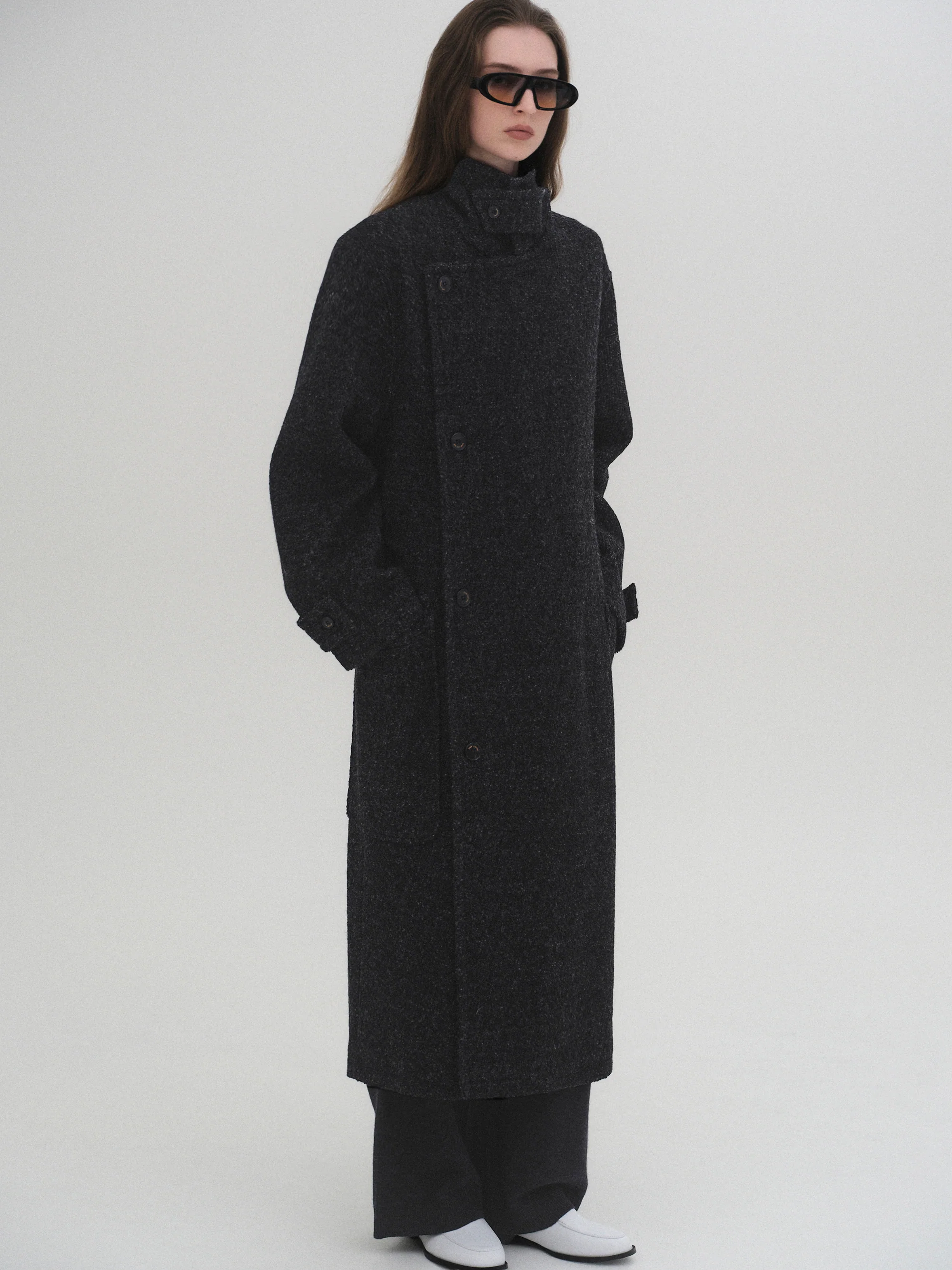 Belted Wool Trench Coat, Charcoal