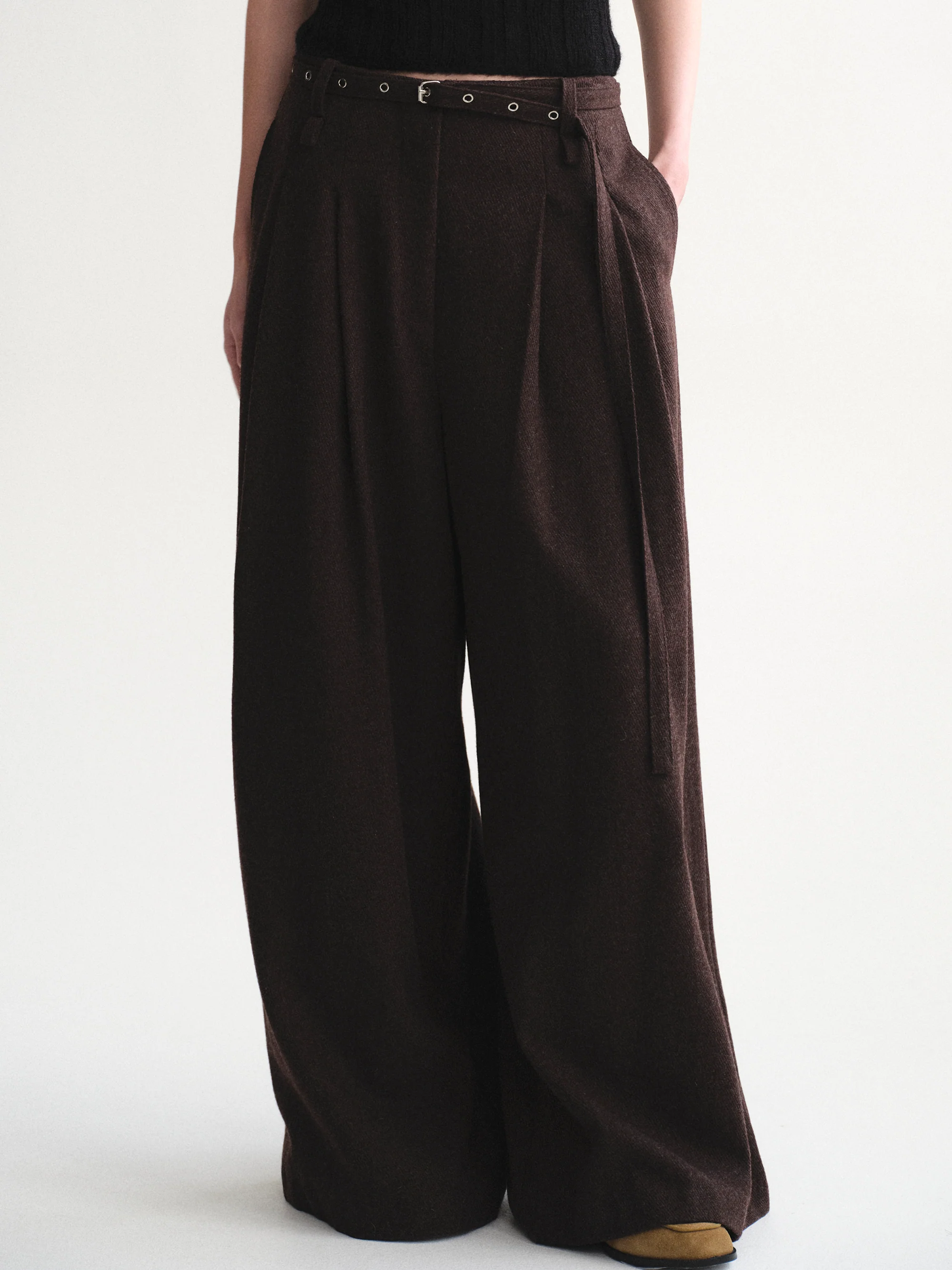 Belted Wool Trousers, Brown