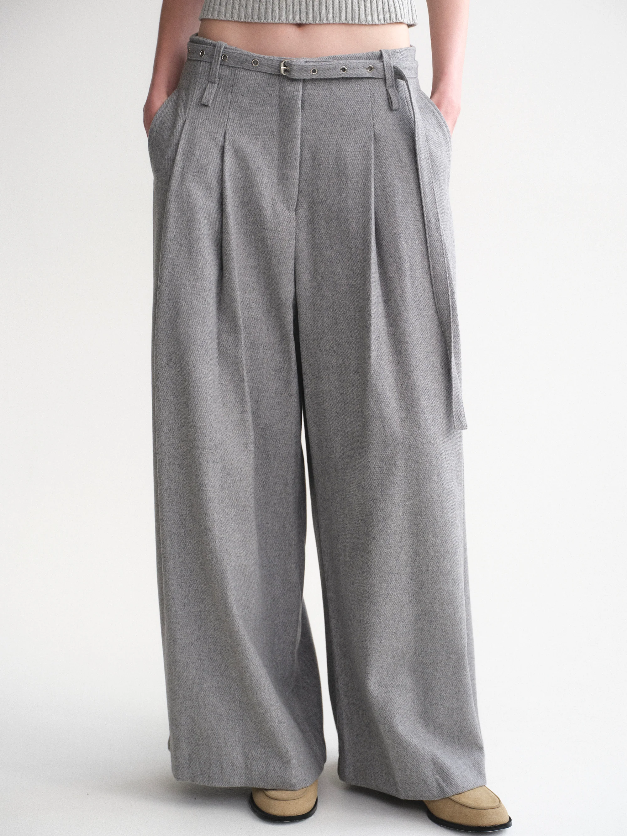 Belted Wool Trousers, Grey