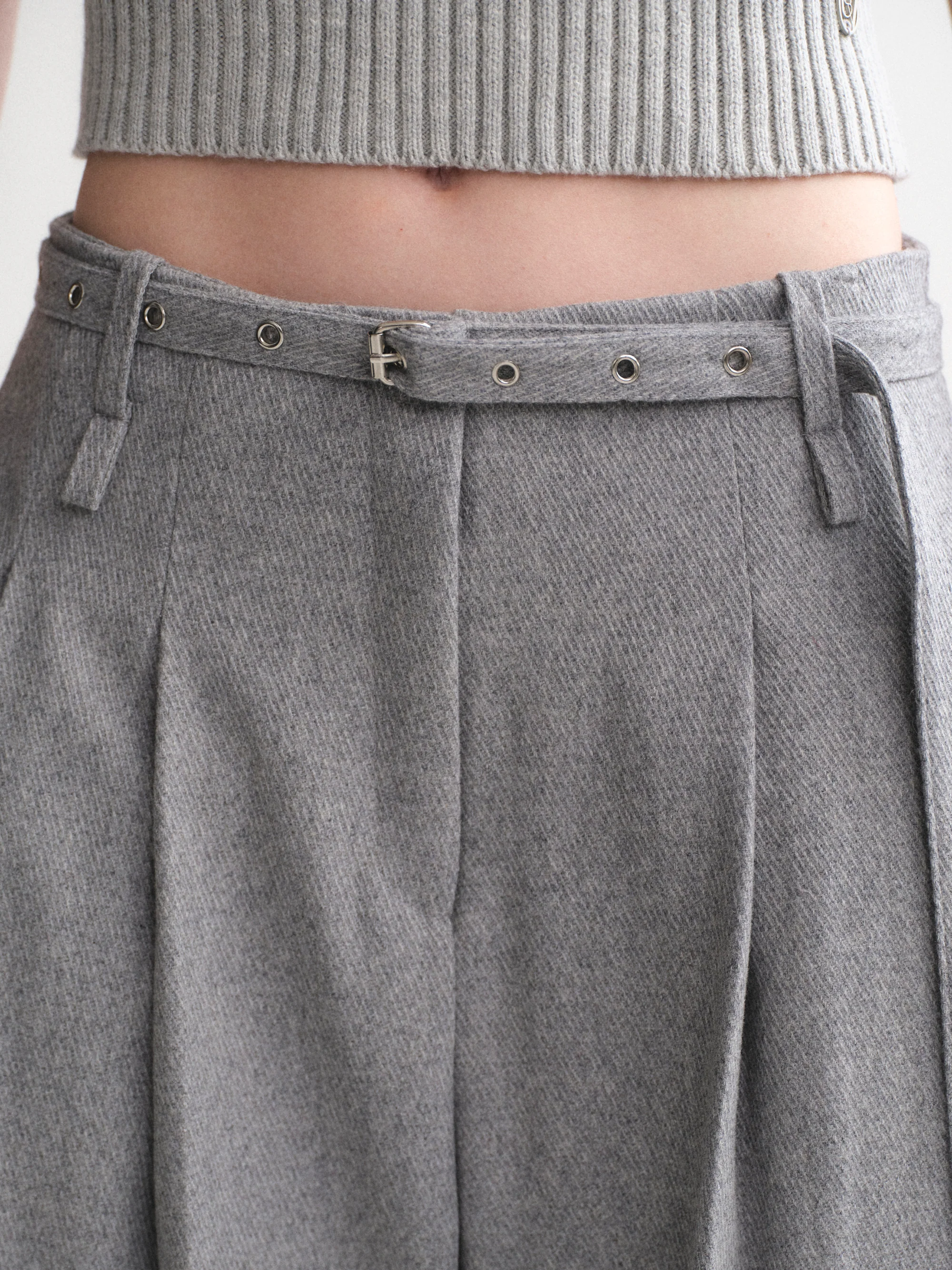 Belted Wool Trousers, Grey - Image 2