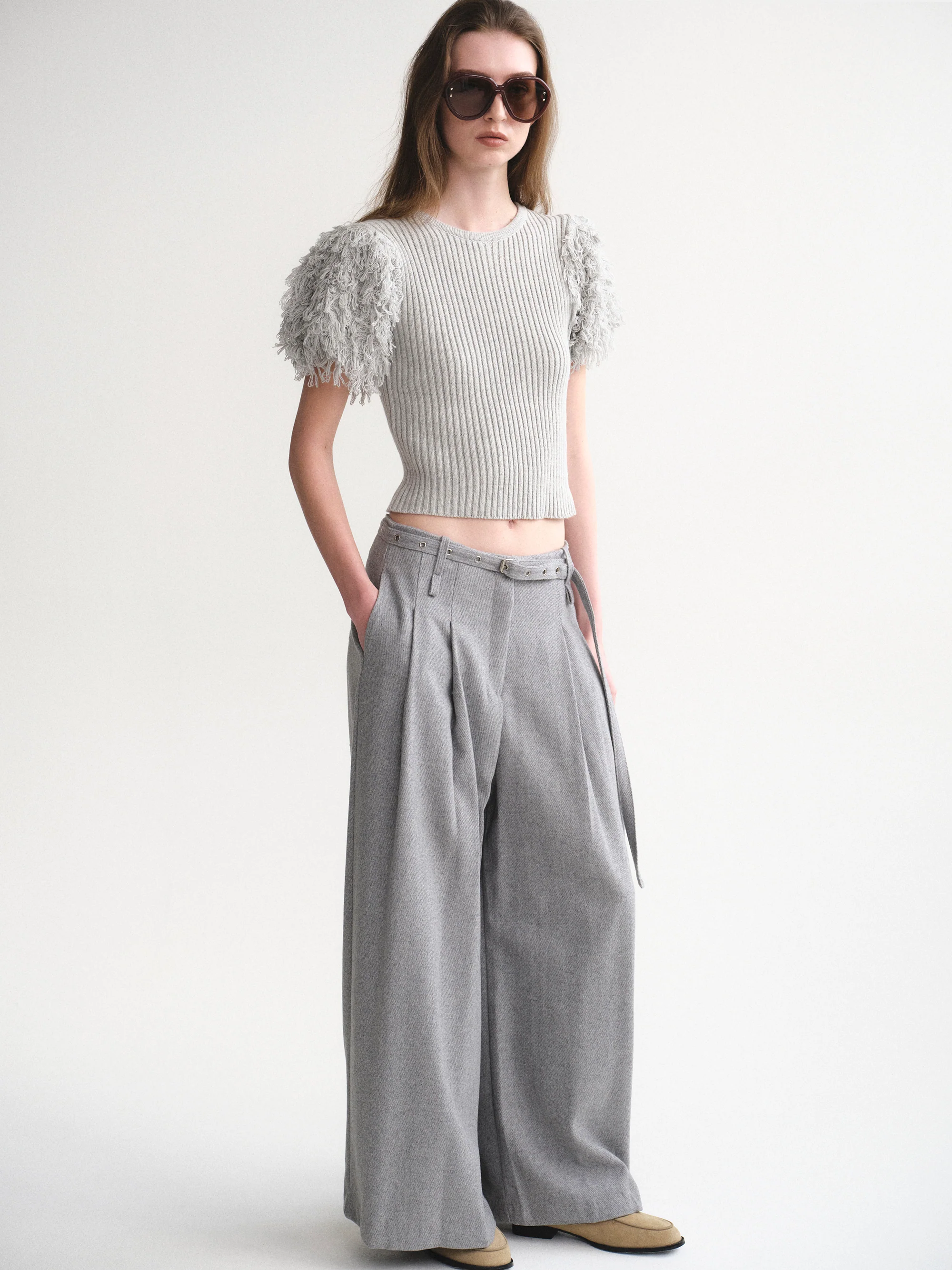 Belted Wool Trousers, Grey - Image 3
