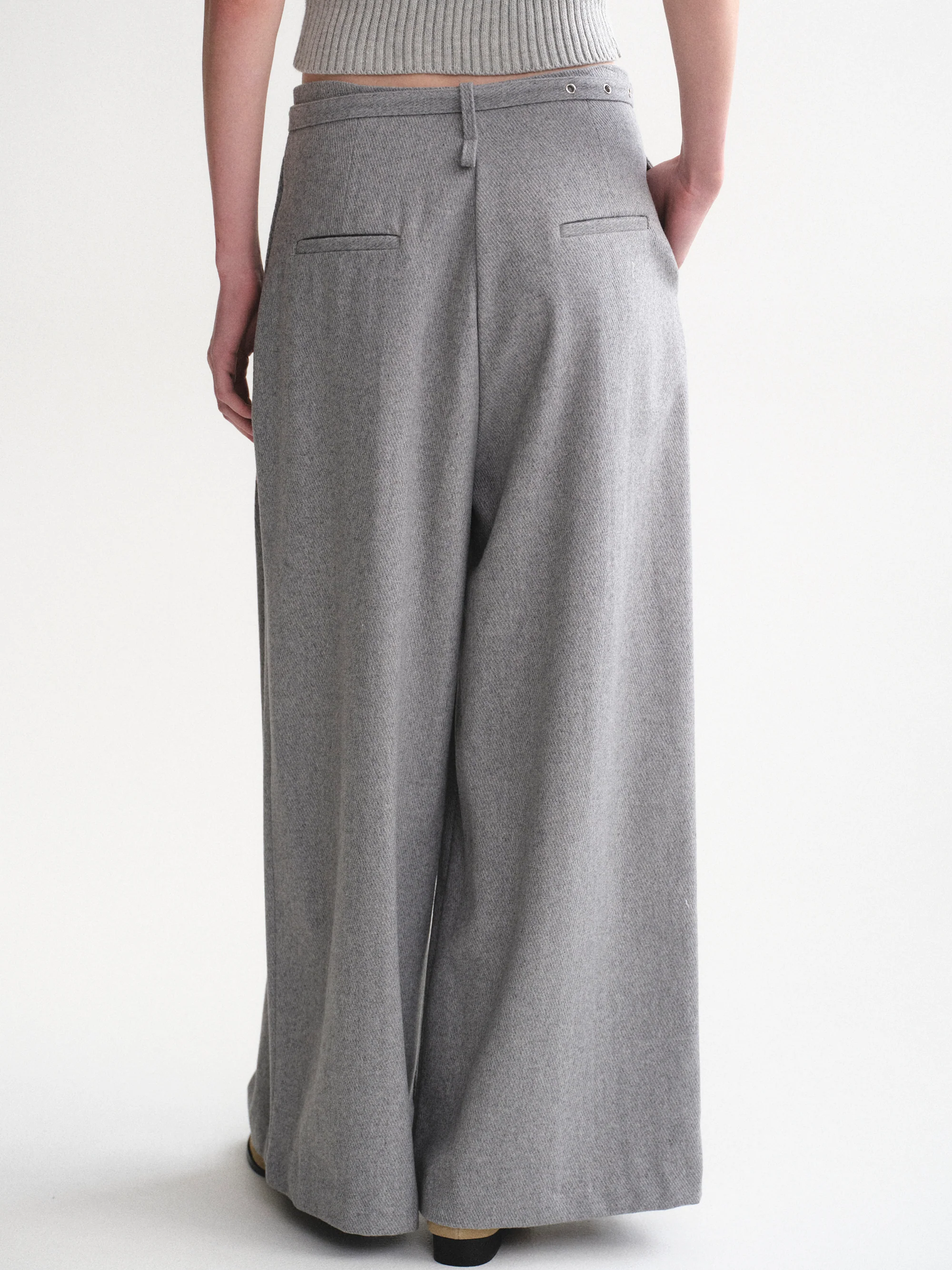Belted Wool Trousers, Grey - Image 4