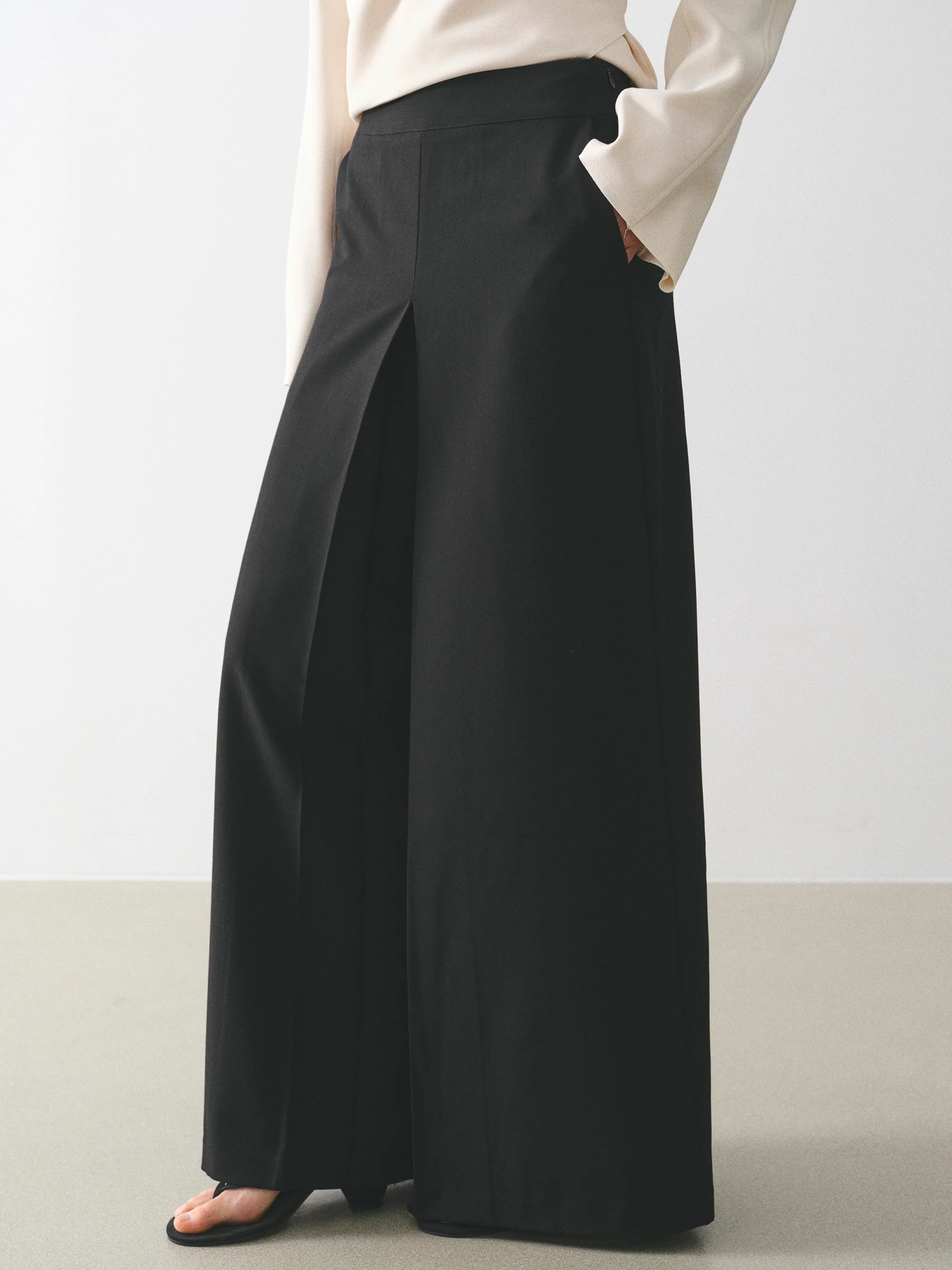 Box-Pleat Wide Trousers, Black - Image 2