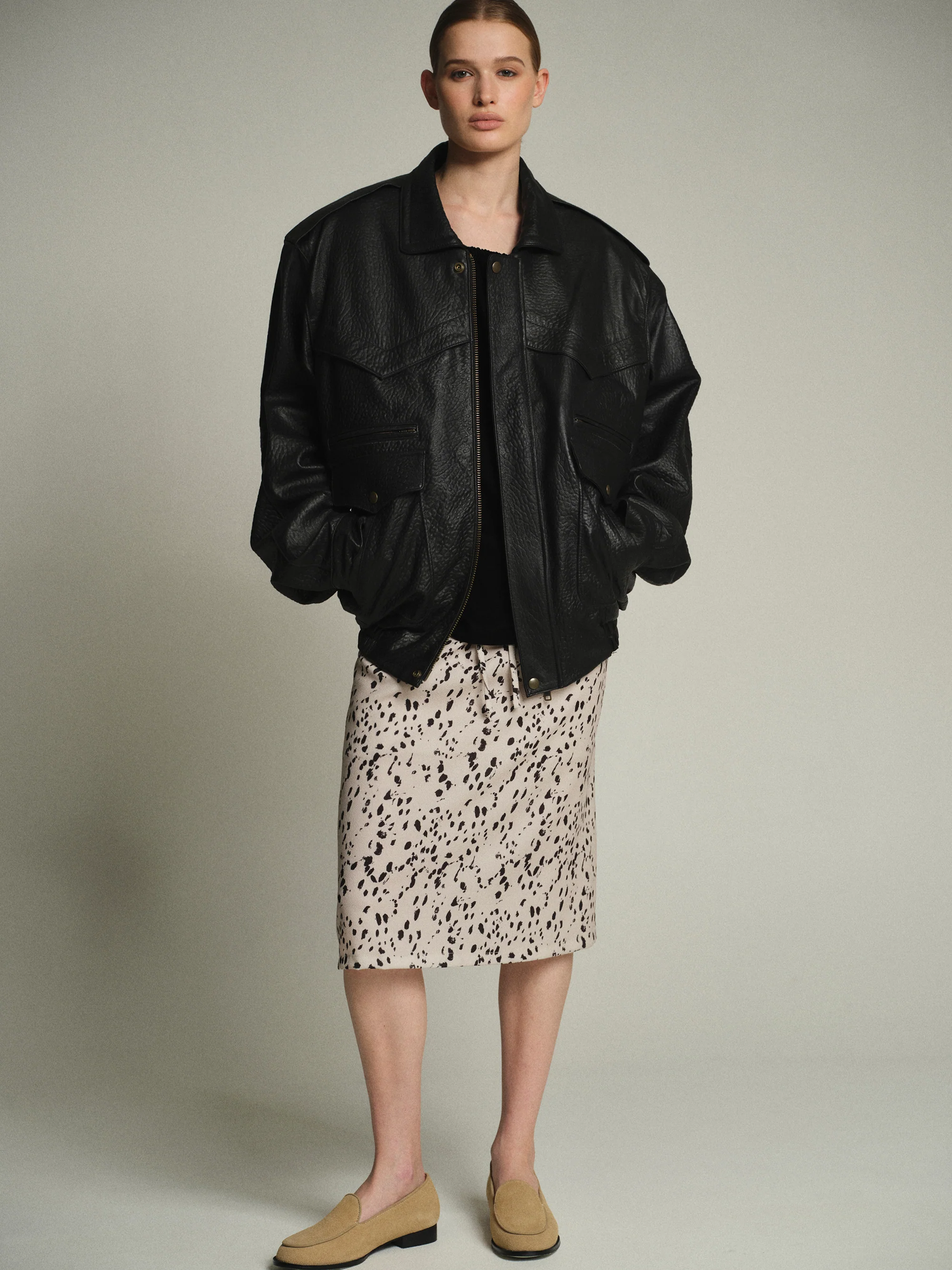 Boxy Leather Bomber Jacket, Black