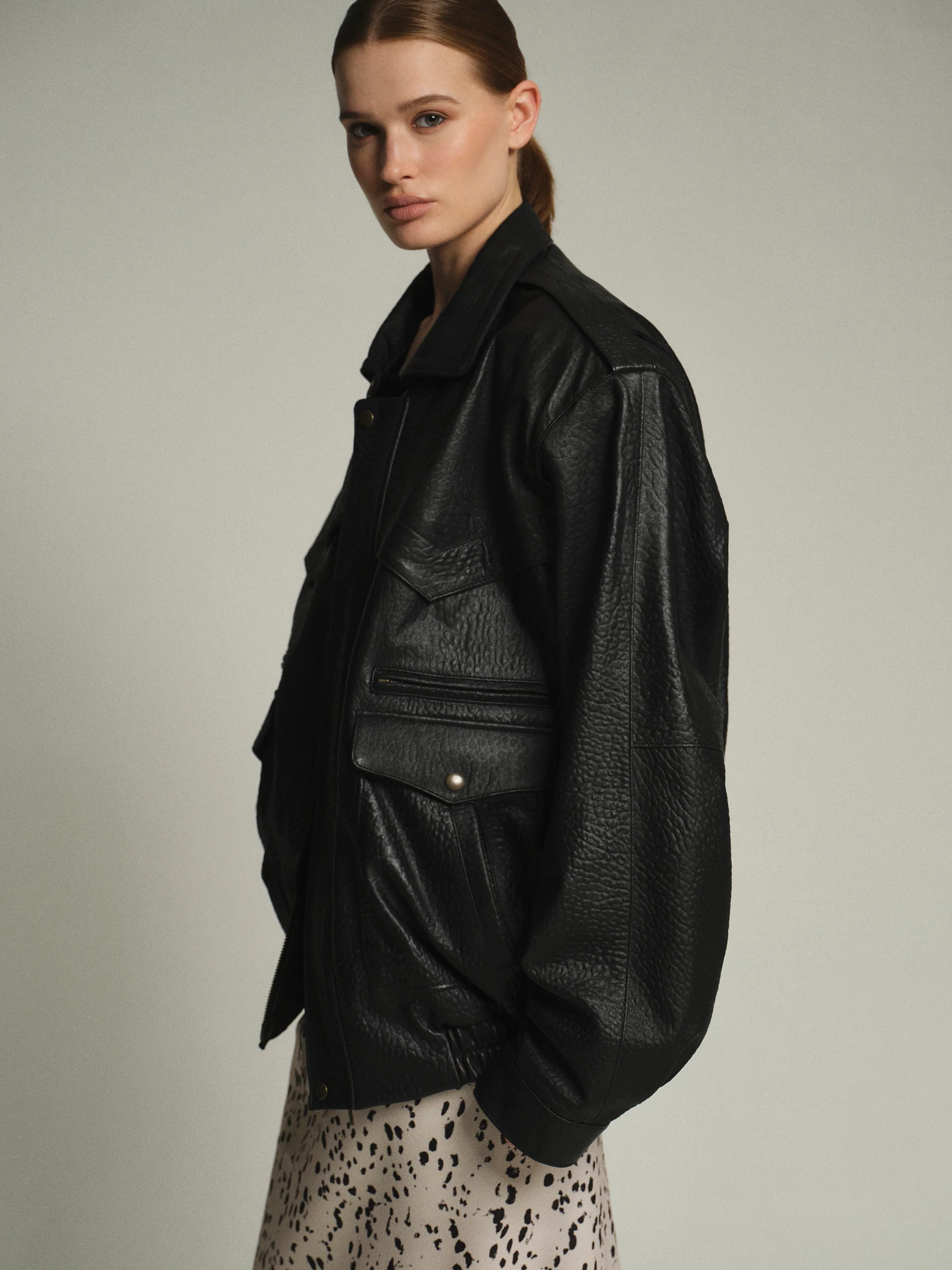 Boxy Leather Bomber Jacket, Black - Image 2