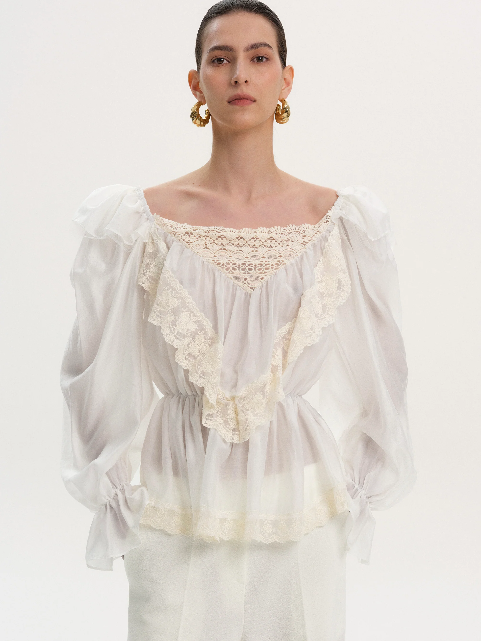 Broderie Lace Ruffle Blouse, Ivory - Image 2