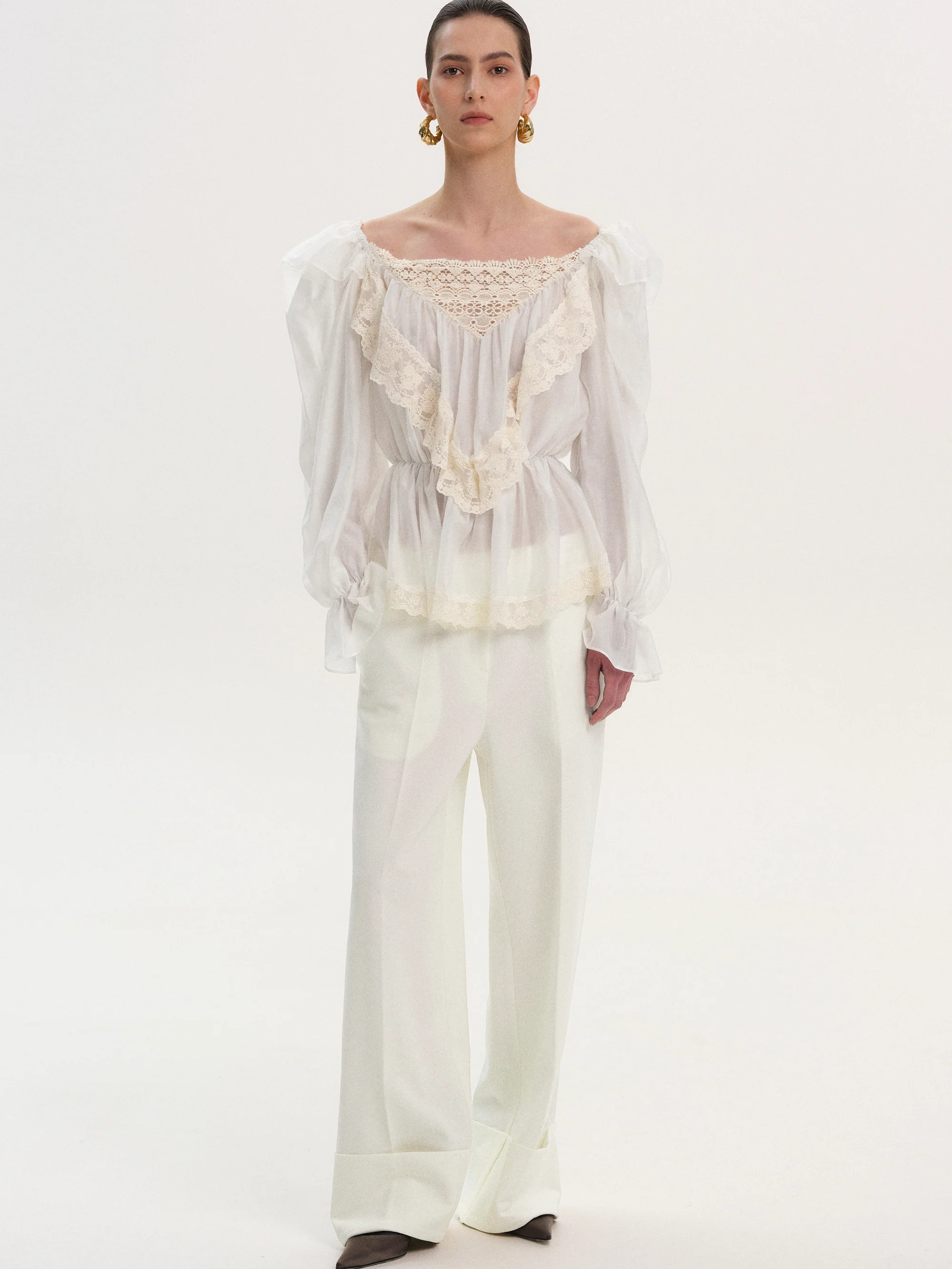 Broderie Lace Ruffle Blouse, Ivory - Image 4