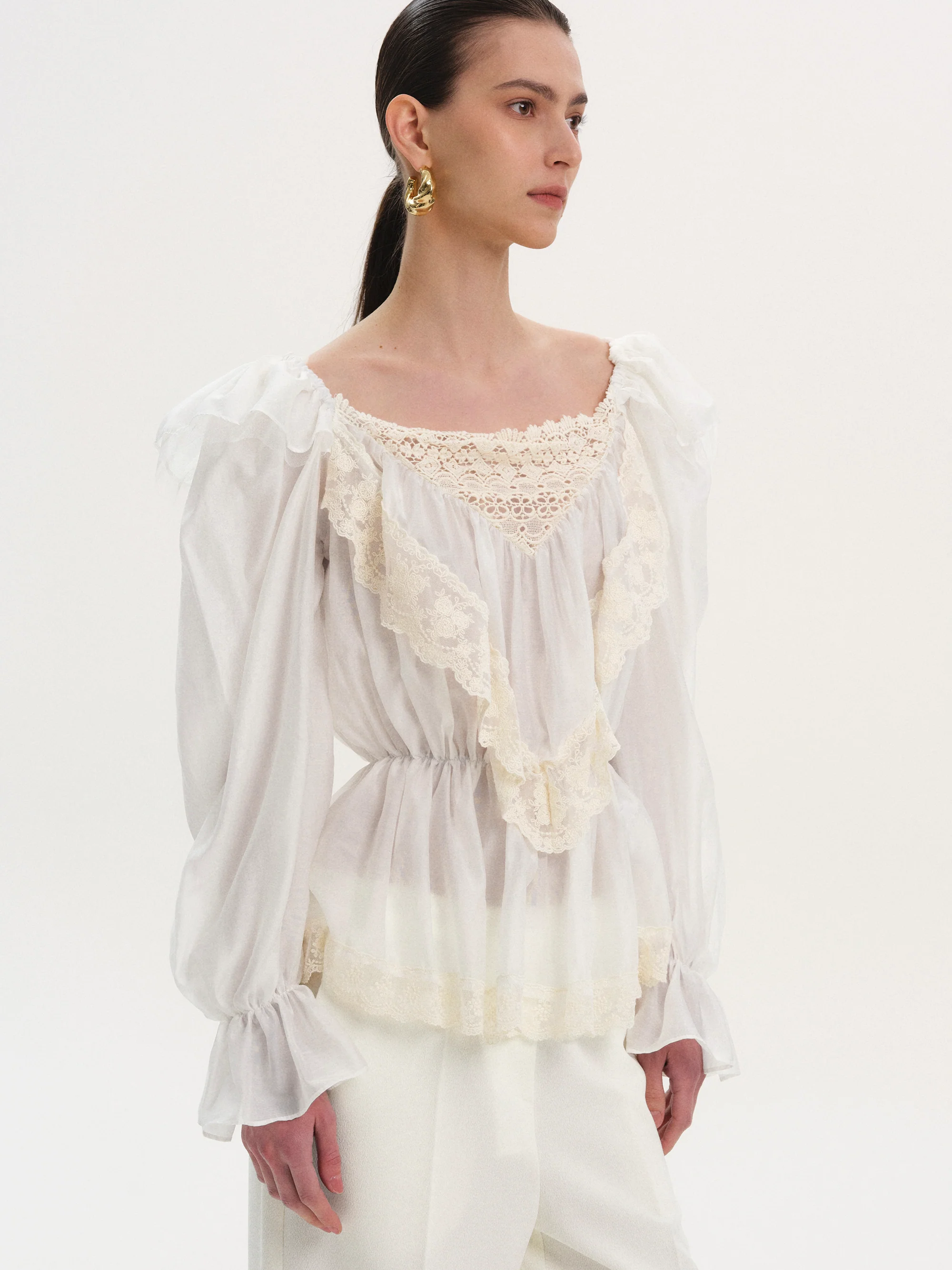 Broderie Lace Ruffle Blouse, Ivory - Image 5