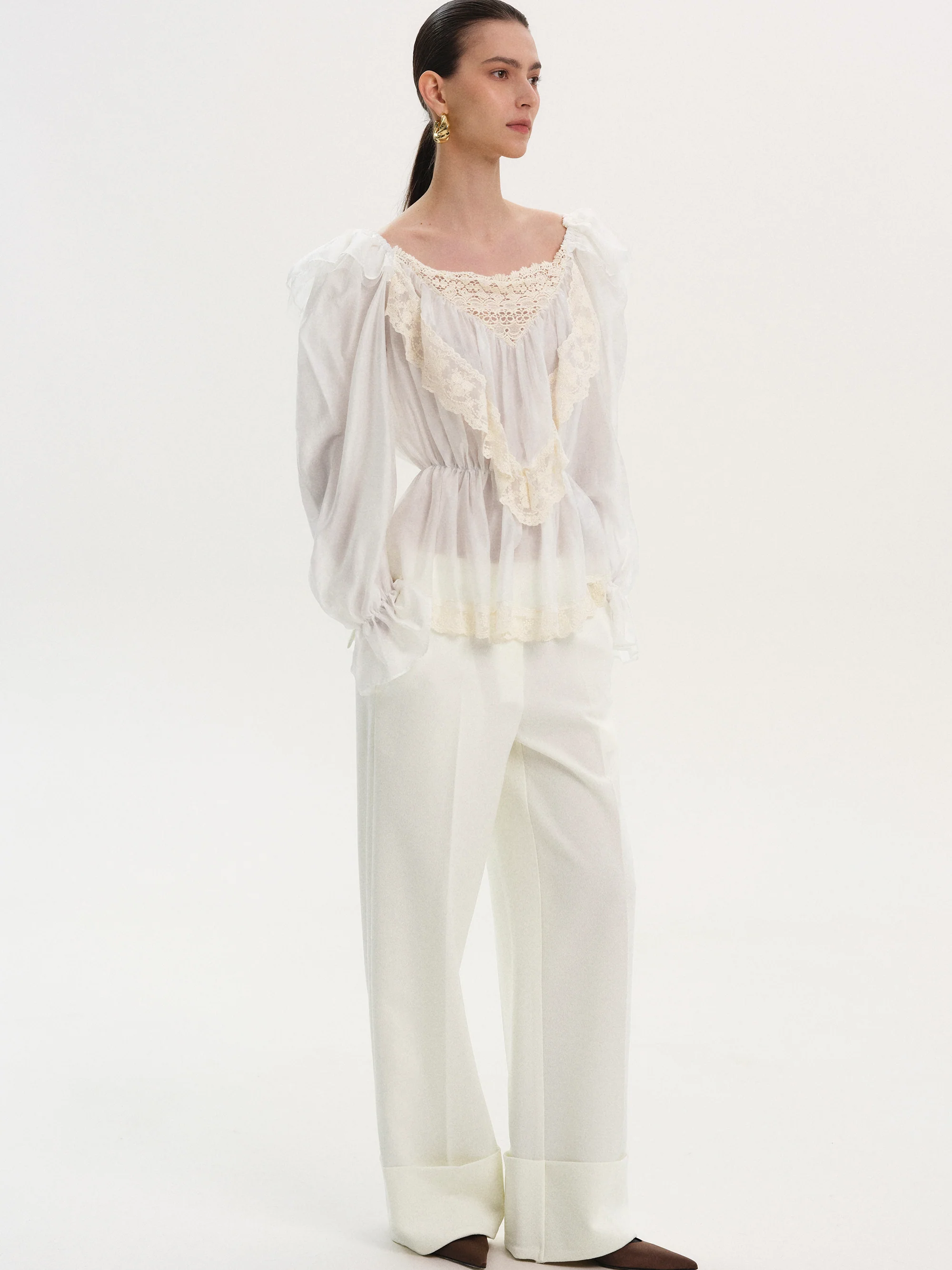 Broderie Lace Ruffle Blouse, Ivory - Image 6