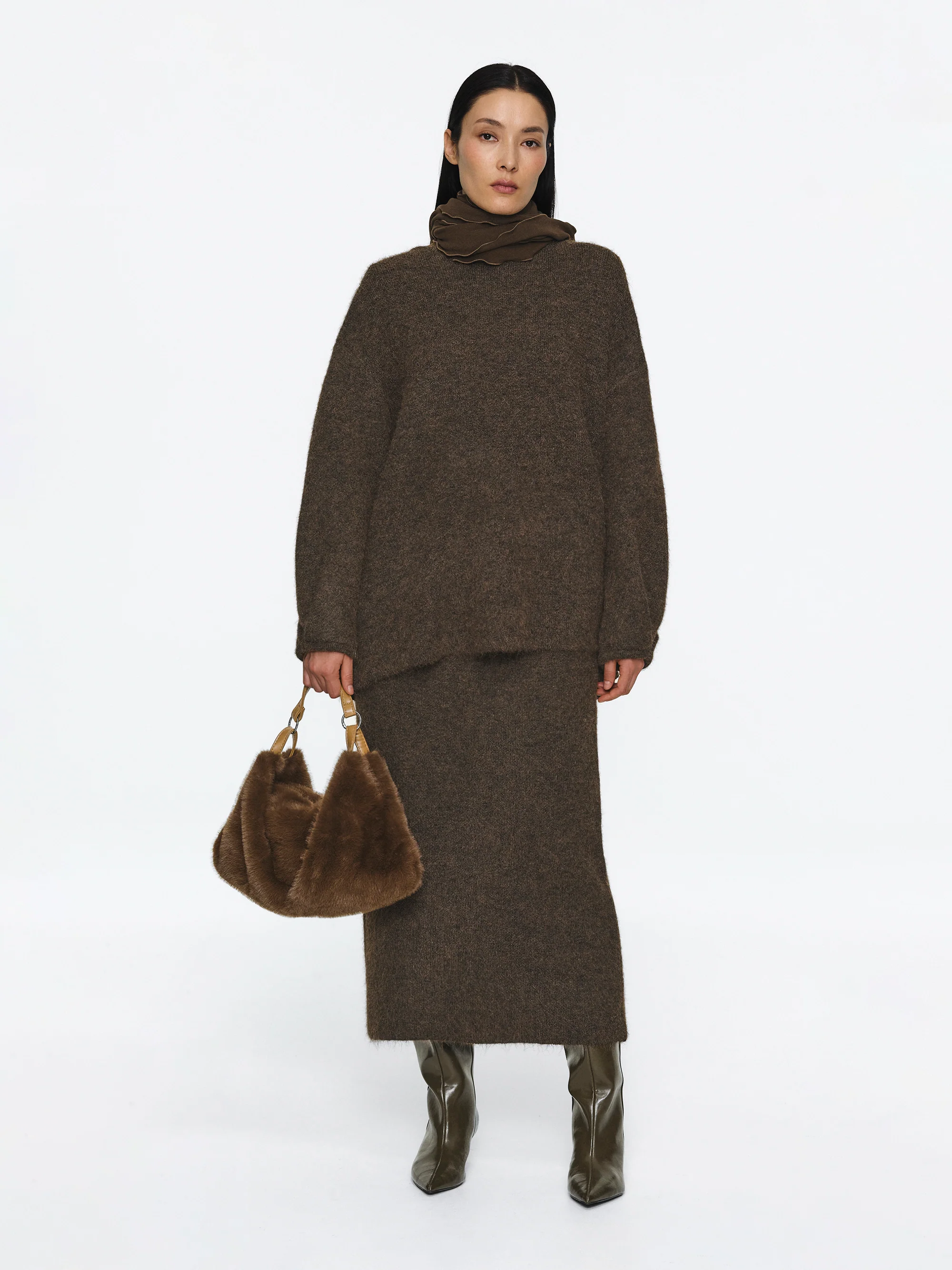 Brushed Knit Cardigan & Skirt Set, Brown