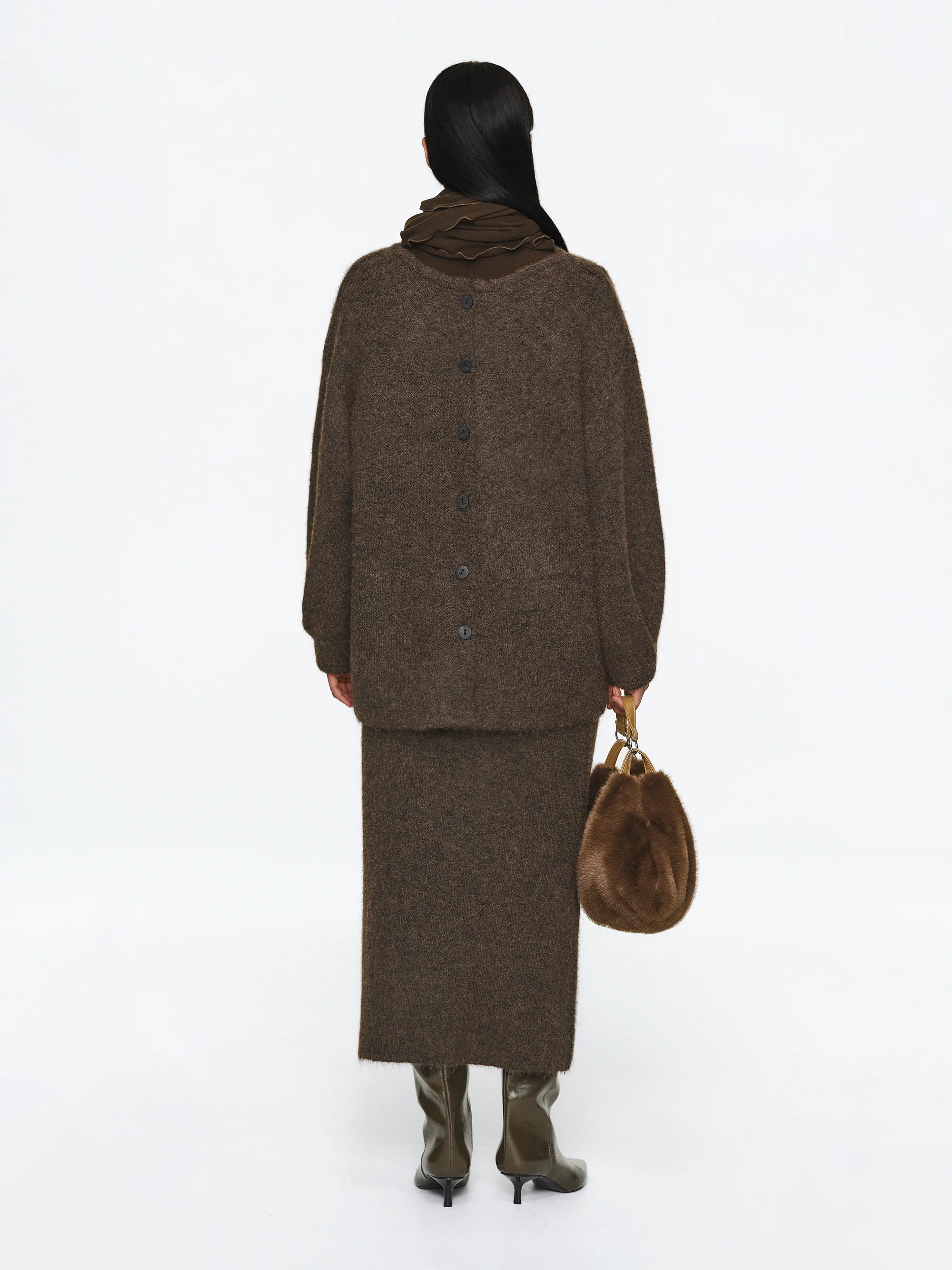 Brushed Knit Cardigan & Skirt Set, Brown - Image 2
