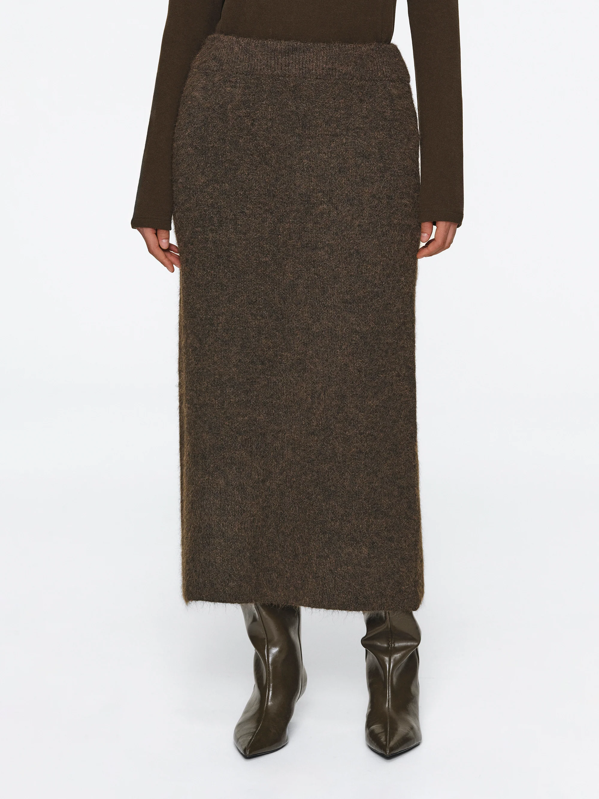 Brushed Knit Cardigan & Skirt Set, Brown - Image 3