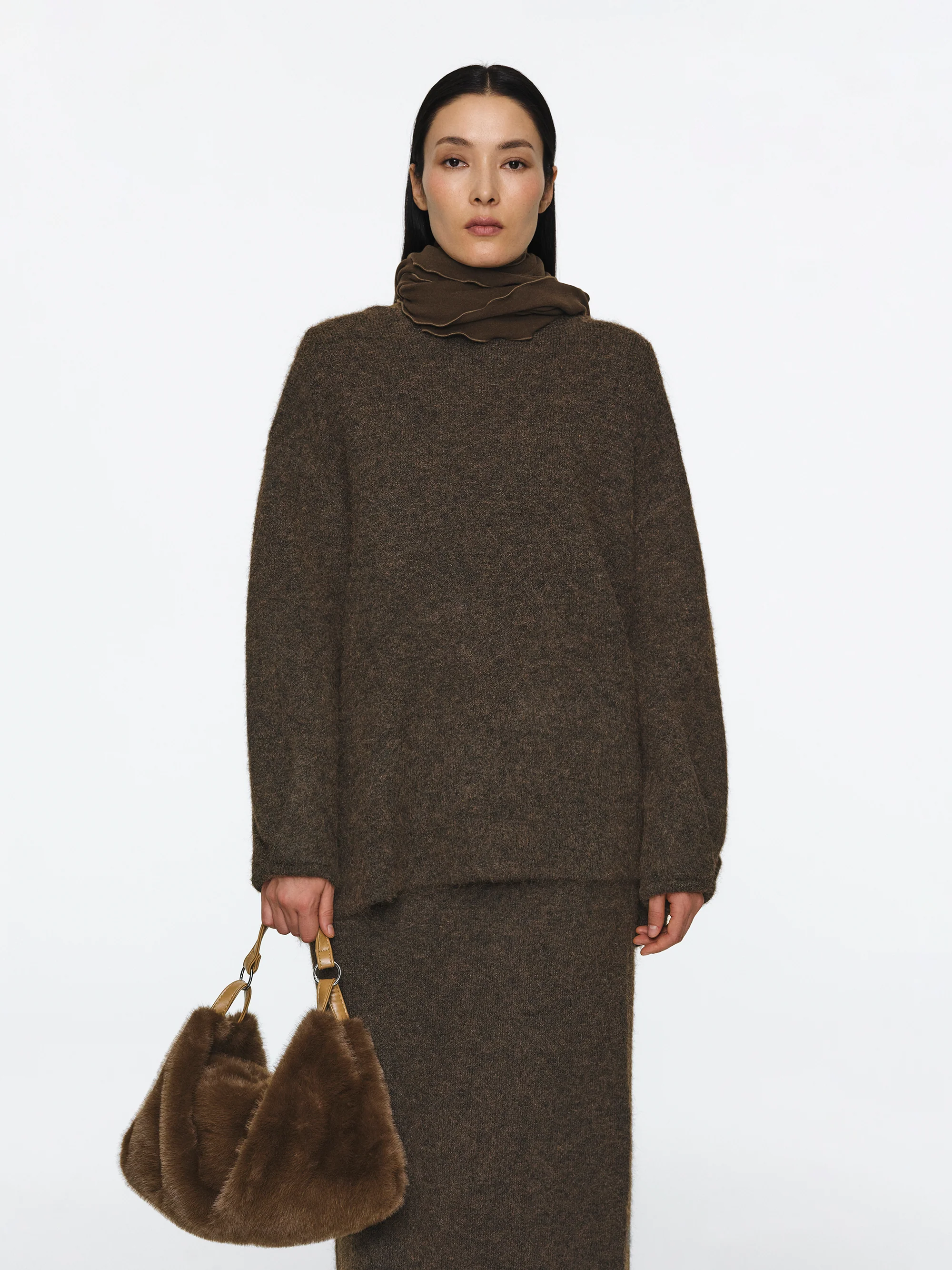 Brushed Knit Cardigan & Skirt Set, Brown - Image 4